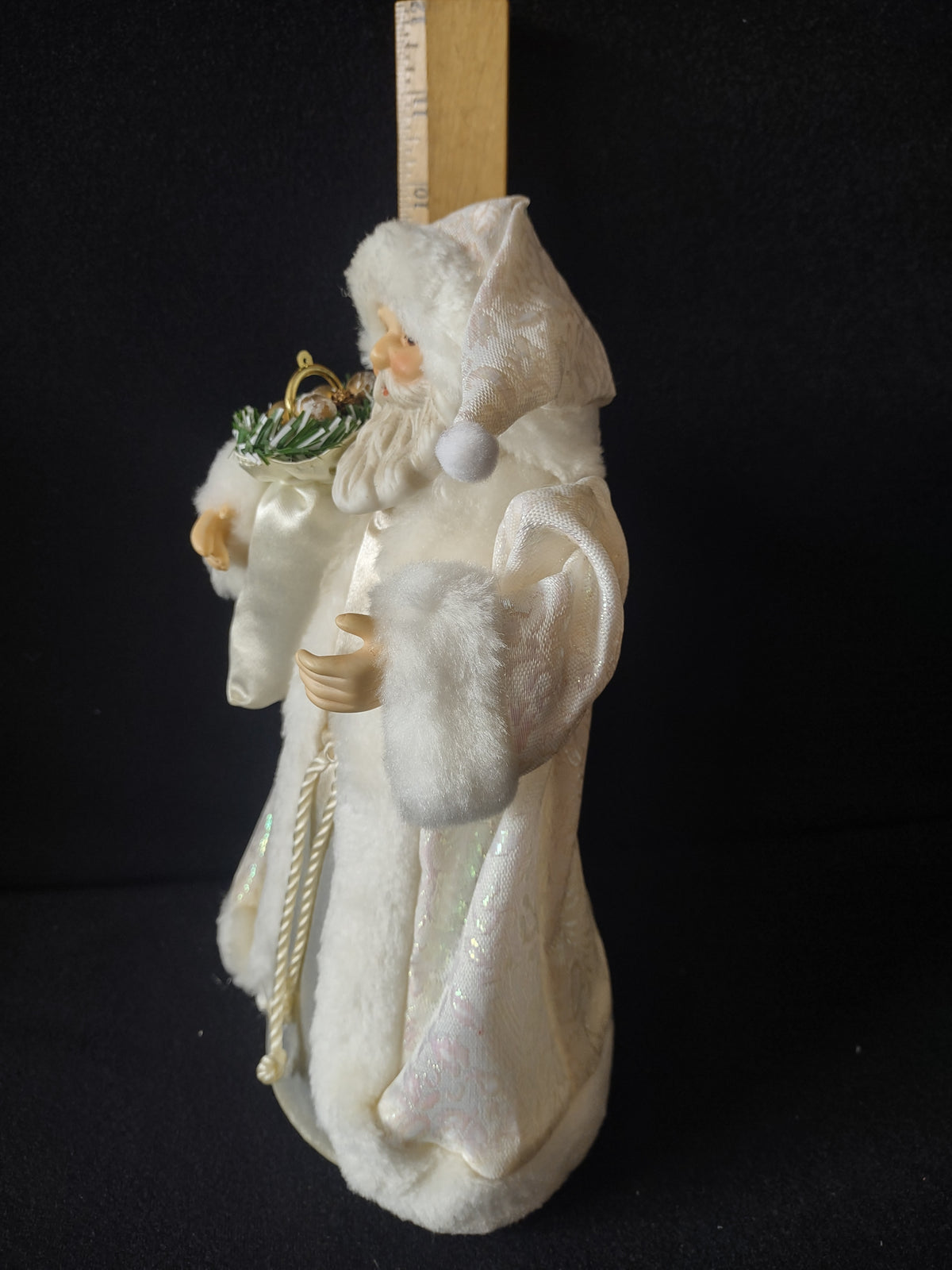 Vintage White Santa Claus Figure Sack Gold Ornaments Fur Trim Christmas [8181n]