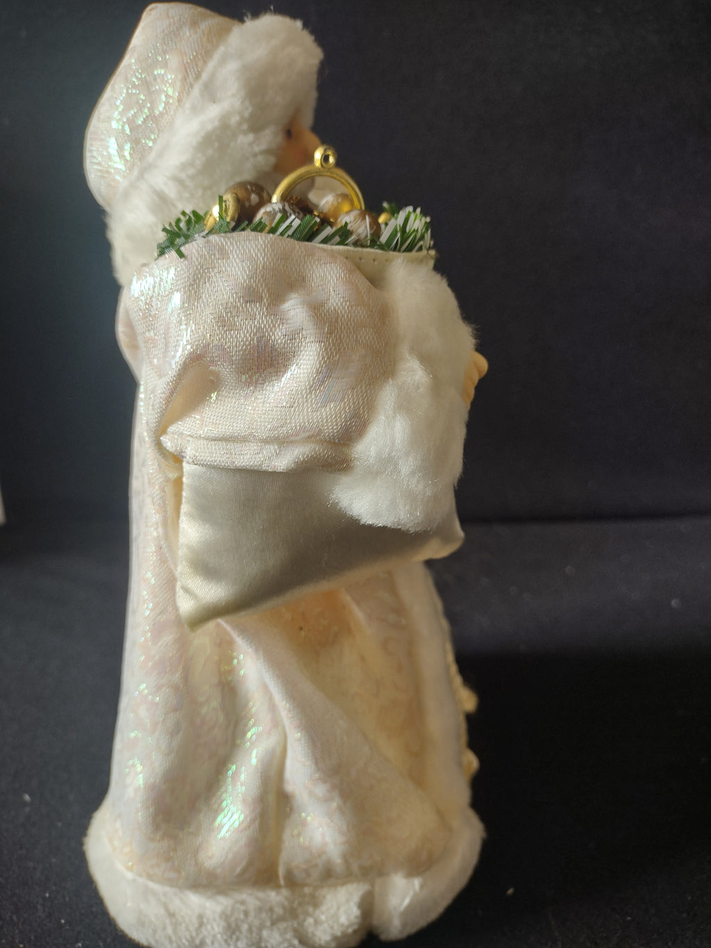 Vintage White Santa Claus Figure Sack Gold Ornaments Fur Trim Christmas [8181n]