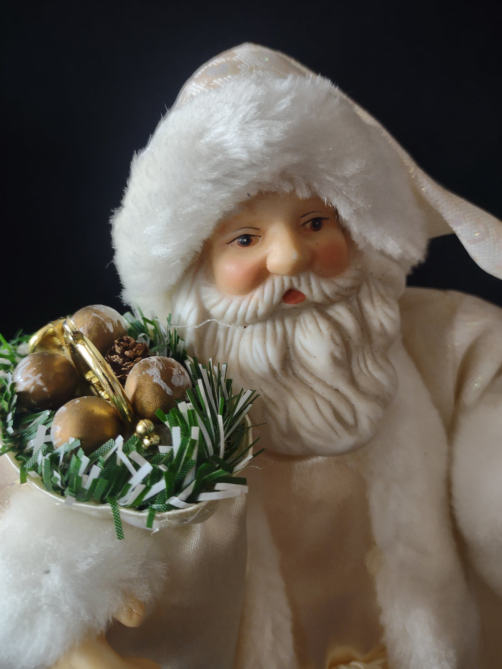 Vintage White Santa Claus Figure Sack Gold Ornaments Fur Trim Christmas [8181n]