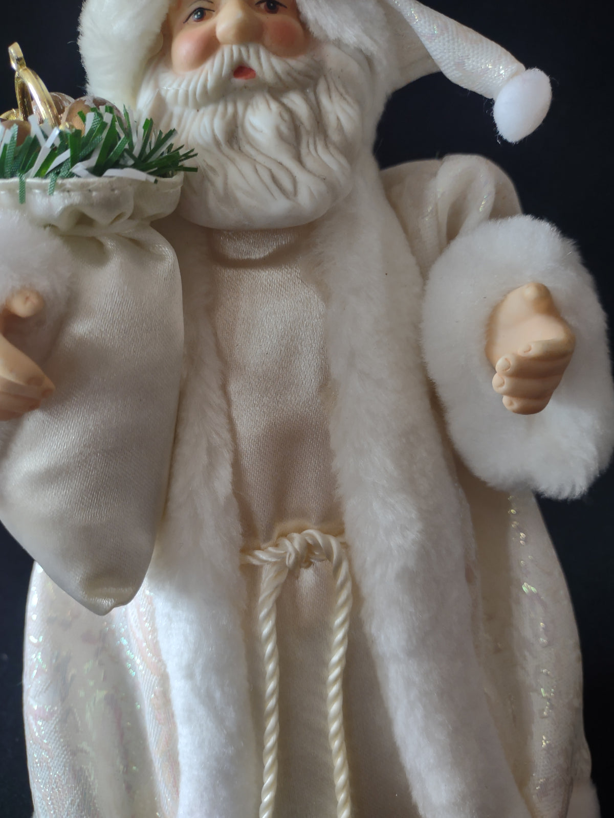 Vintage White Santa Claus Figure Sack Gold Ornaments Fur Trim Christmas [8181n]