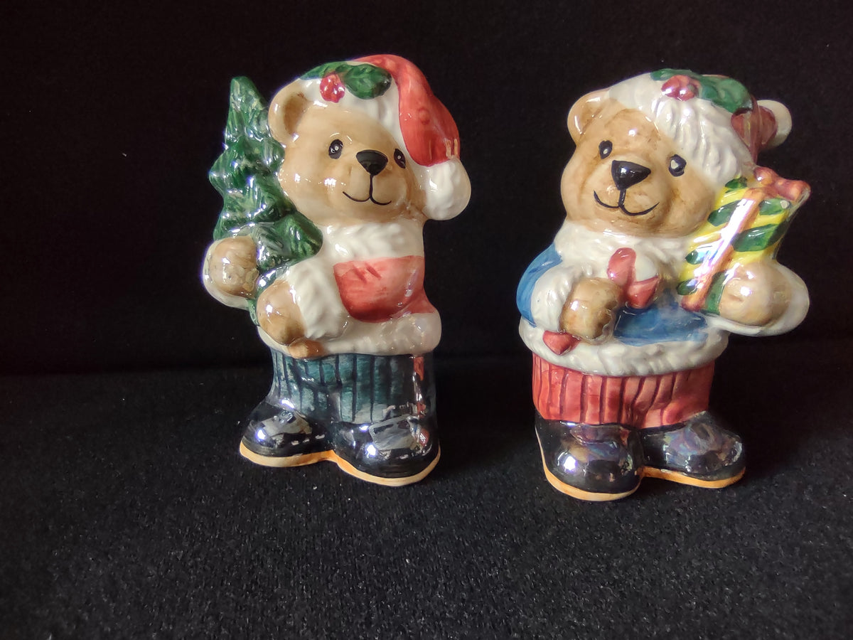 Pair of ceramic Christmas teddy bear salt and pepper shakers
