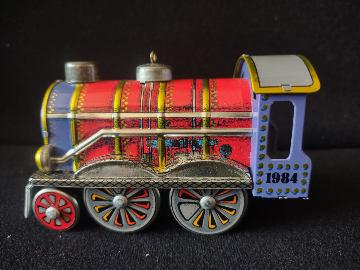 Vintage 1984 Hallmark Tin Locomotive Train Christmas Ornament Red Blue [8189n]
