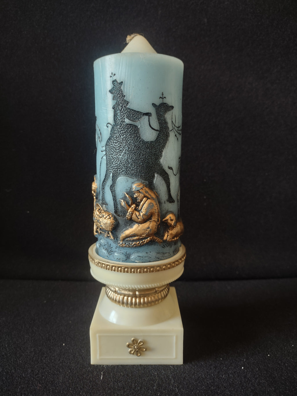 Vintage Blue Gold Three Wise Men Camel Christmas Candle Pedestal 8.5" [8190n]