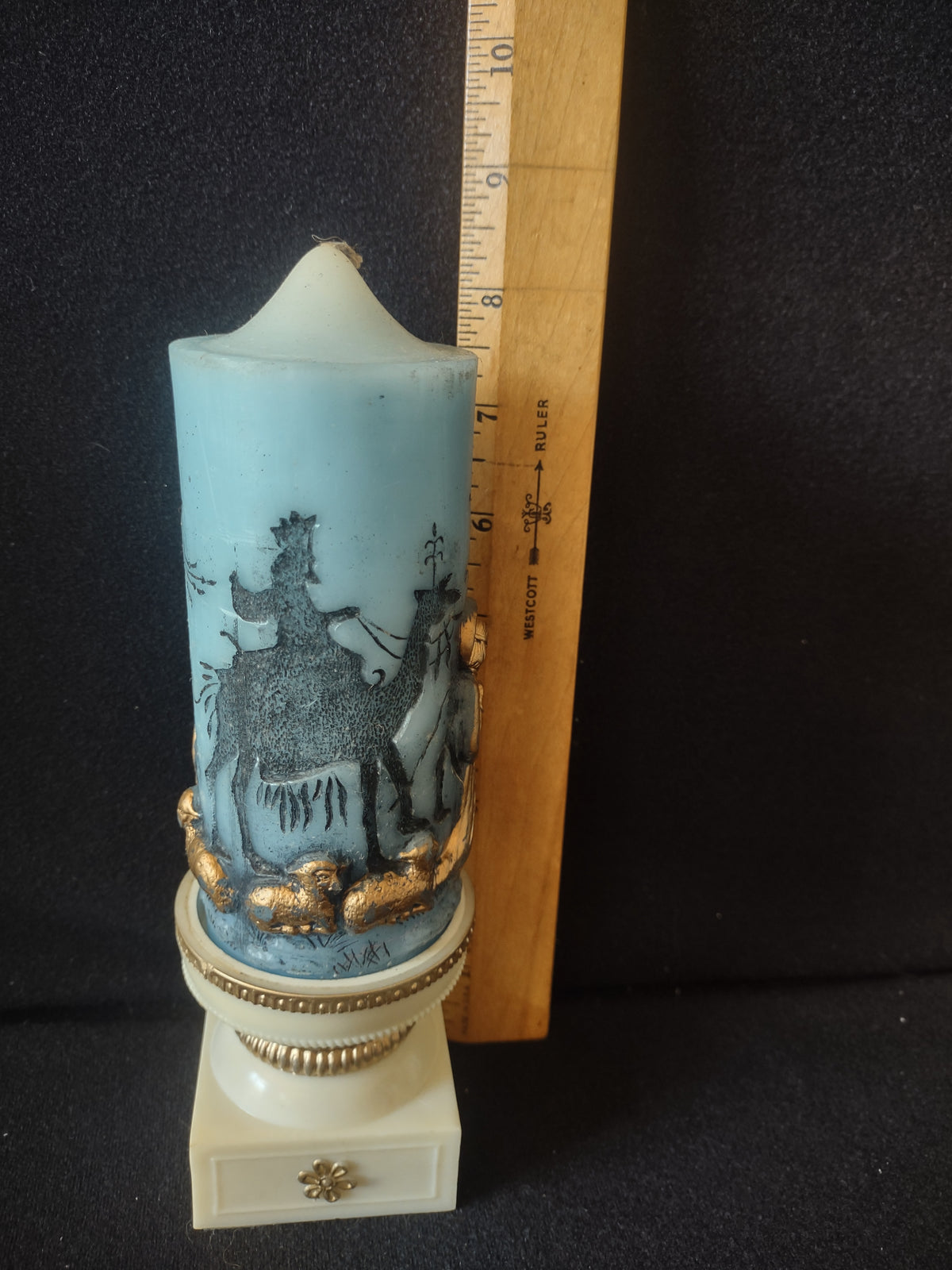 Vintage Blue Gold Three Wise Men Camel Christmas Candle Pedestal 8.5" [8190n]