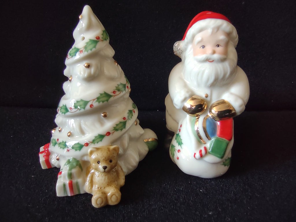 Vintage Lenox Santa Christmas Tree Salt & Pepper Set Holly Tray Gold [8192n]