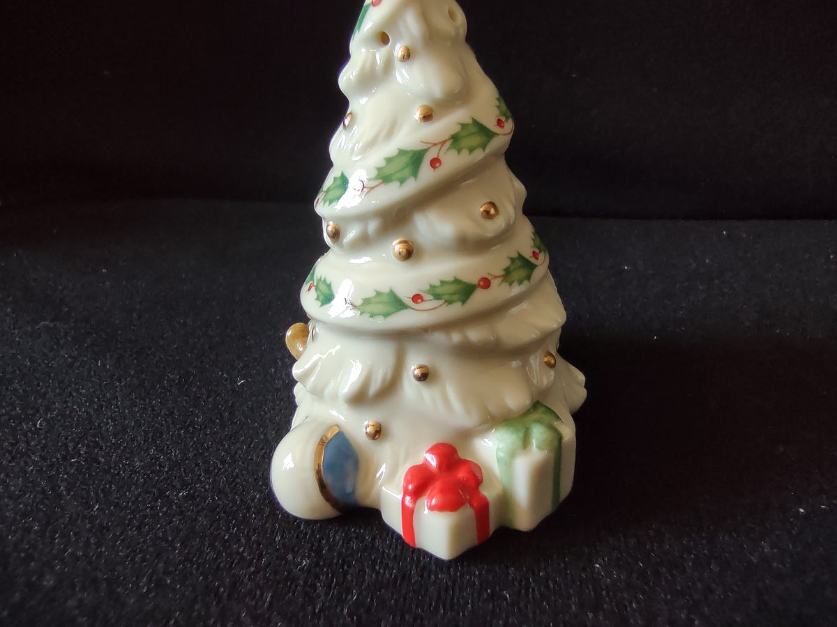 Vintage Lenox Santa Christmas Tree Salt & Pepper Set Holly Tray Gold [8192n]