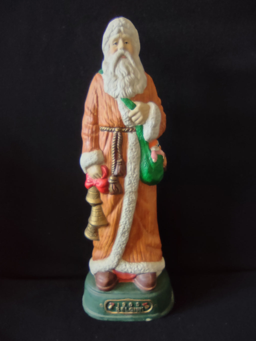Vintage Santa Claus Figurine Orange Robe Green Sack Christmas Bells [8193n]