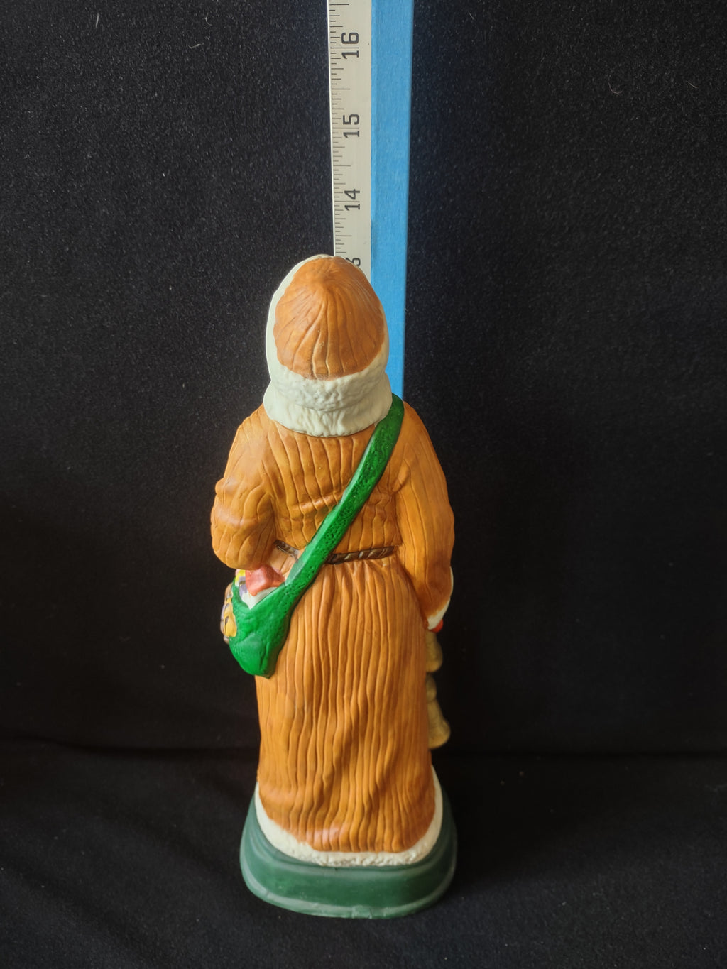 Vintage Santa Claus Figurine Orange Robe Green Sack Christmas Bells [8193n]