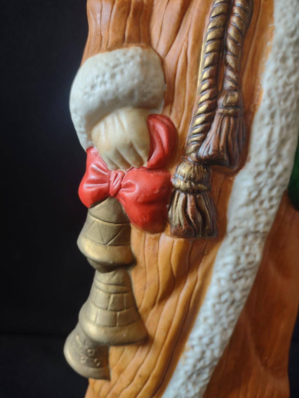 Vintage Santa Claus Figurine Orange Robe Green Sack Christmas Bells [8193n]