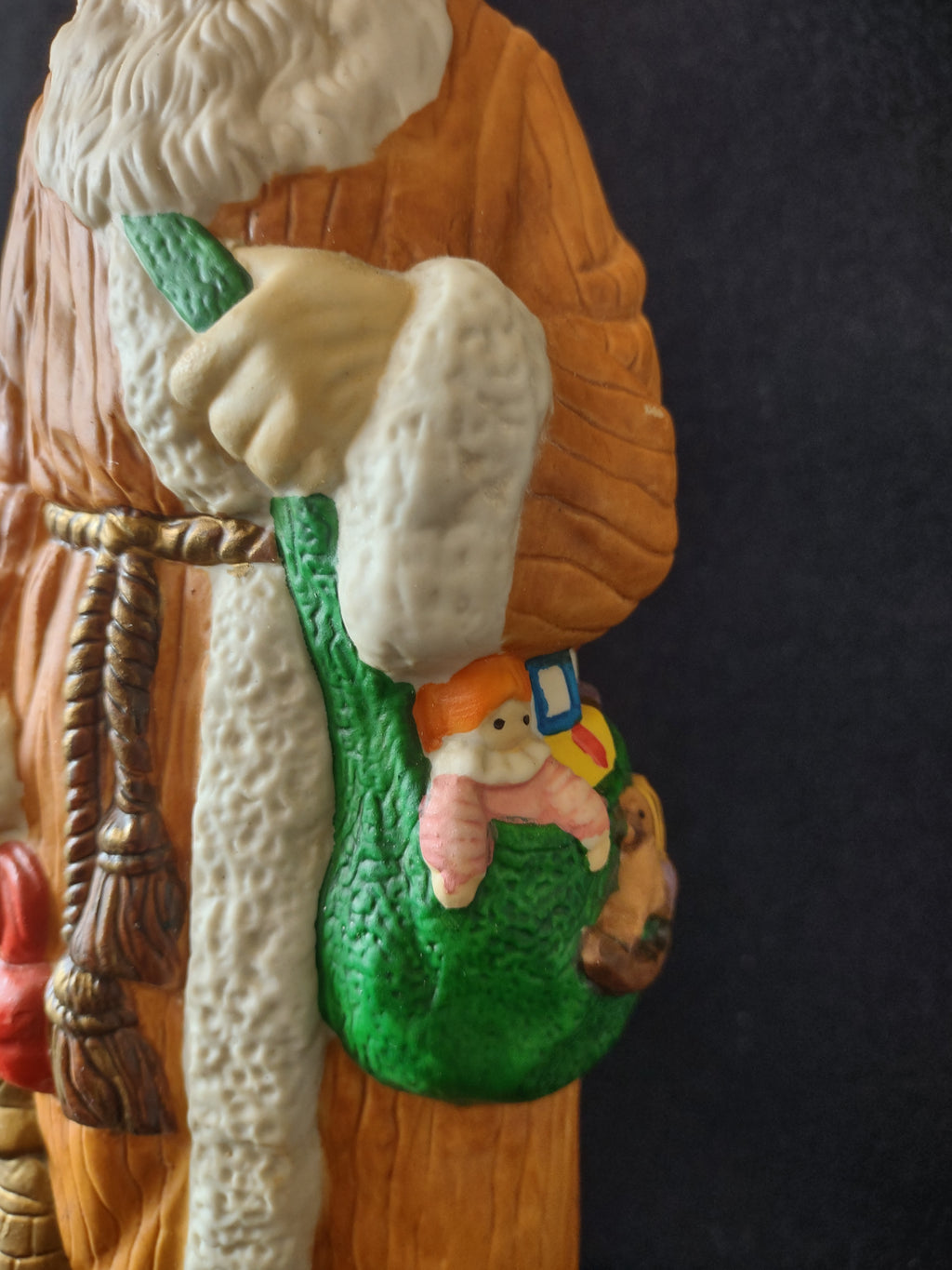 Vintage Santa Claus Figurine Orange Robe Green Sack Christmas Bells [8193n]