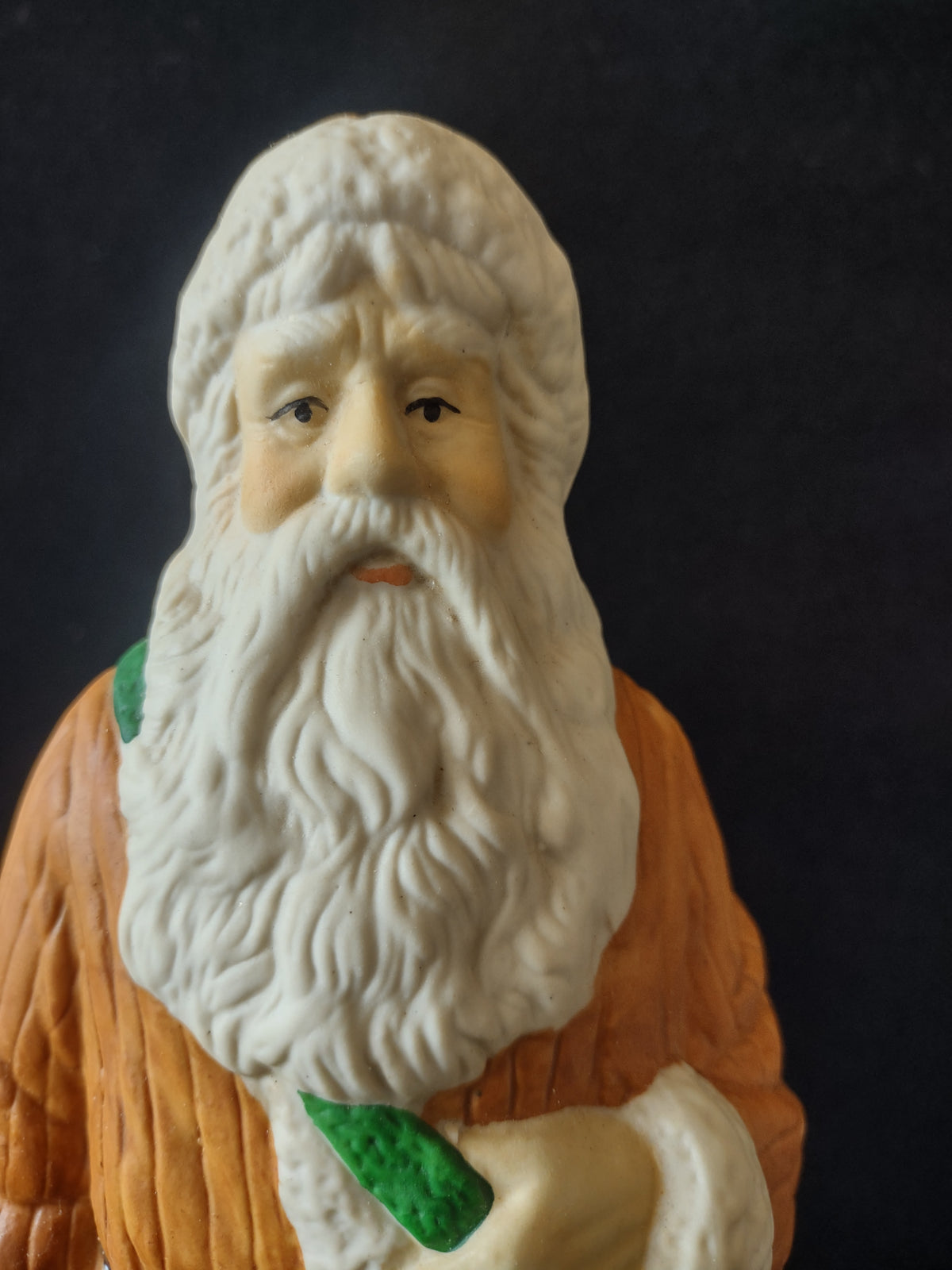 Vintage Santa Claus Figurine Orange Robe Green Sack Christmas Bells [8193n]