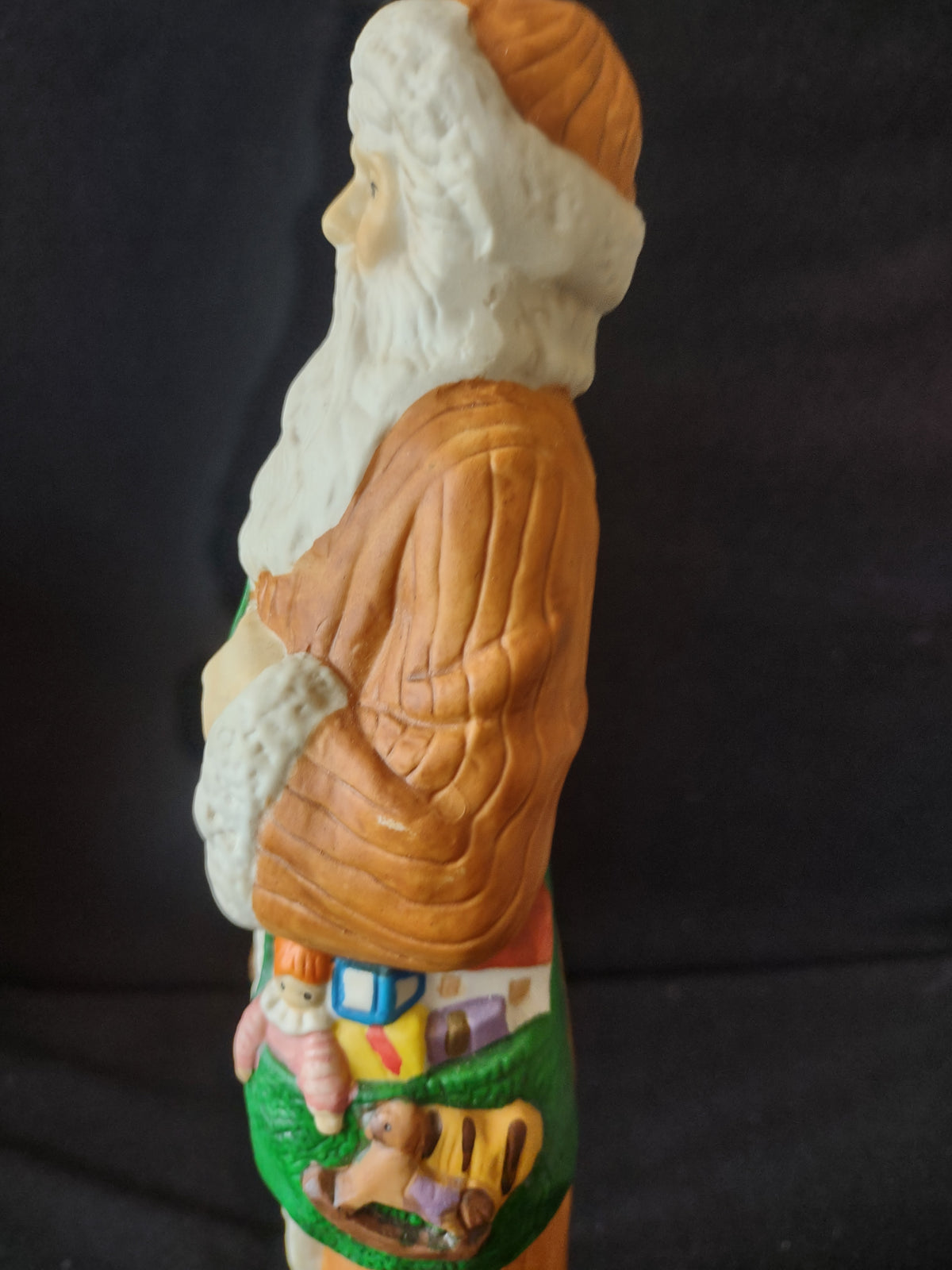 Vintage Santa Claus Figurine Orange Robe Green Sack Christmas Bells [8193n]