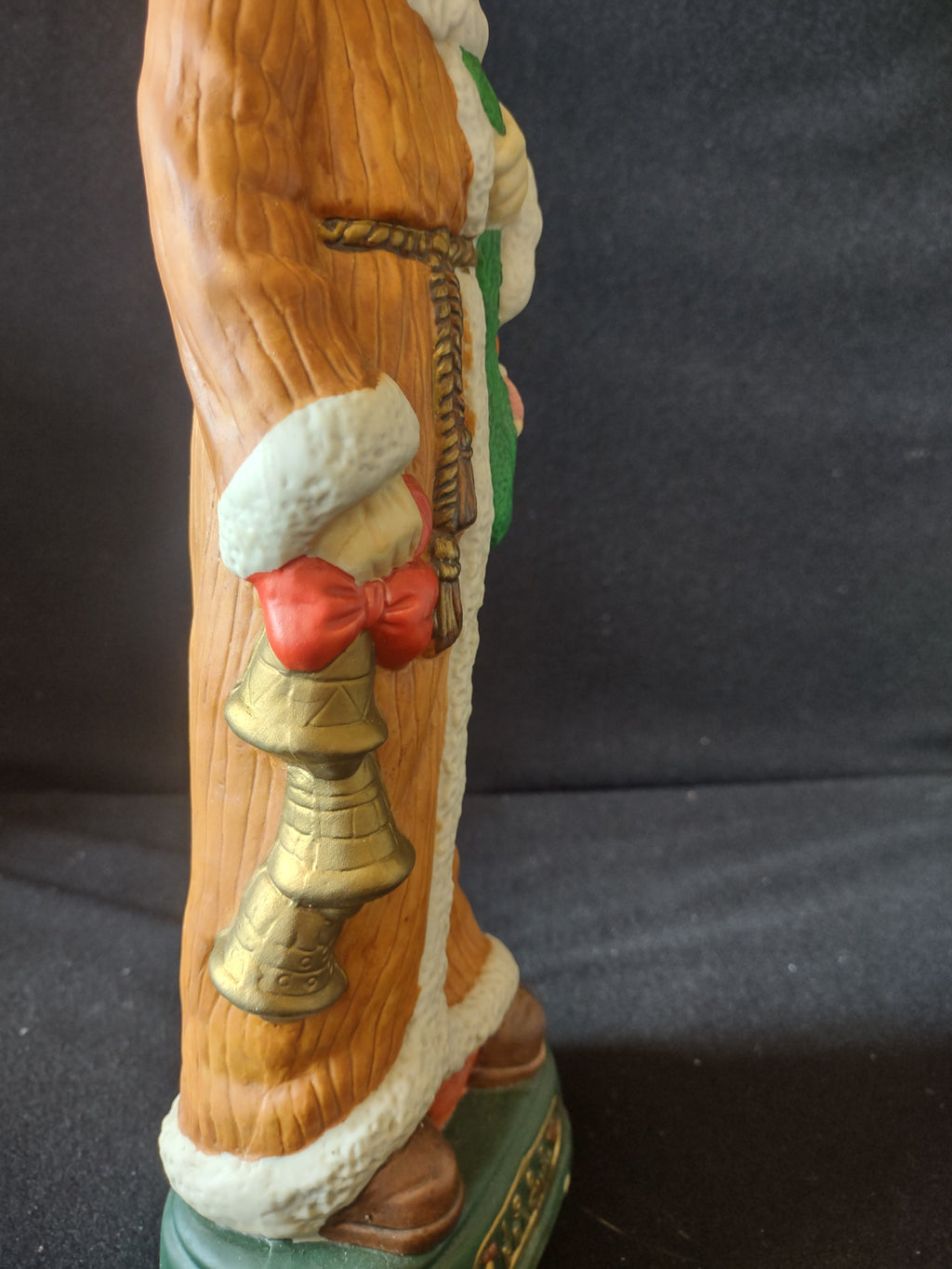 Vintage Santa Claus Figurine Orange Robe Green Sack Christmas Bells [8193n]