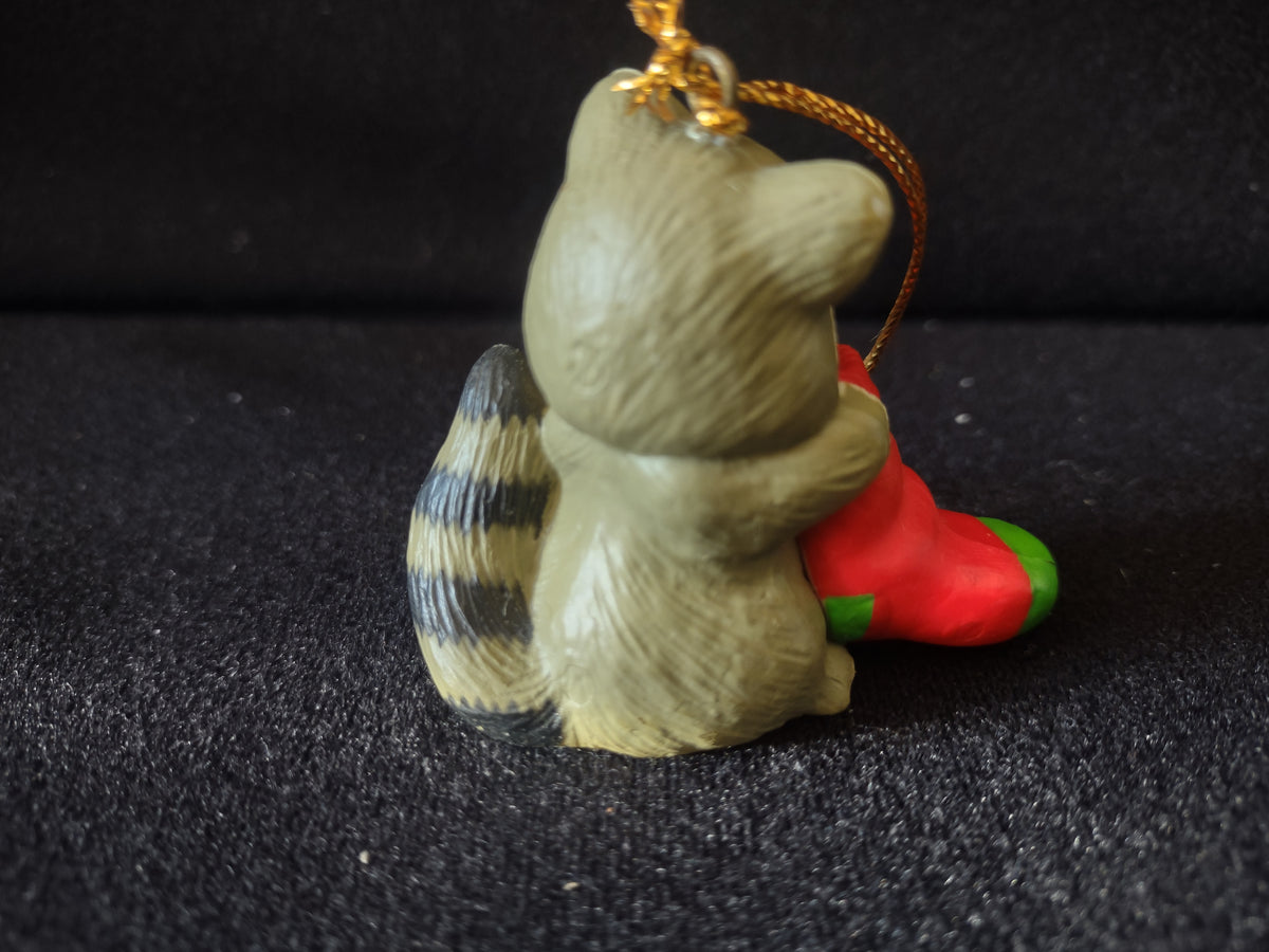 Vintage Raccoon Red Green Stocking Christmas Tree Hanging Ornament [8200n]