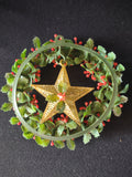 Vintage Christmas Holly Wreath Red Berry Green Gold Star Hanging Ornament [8201n]