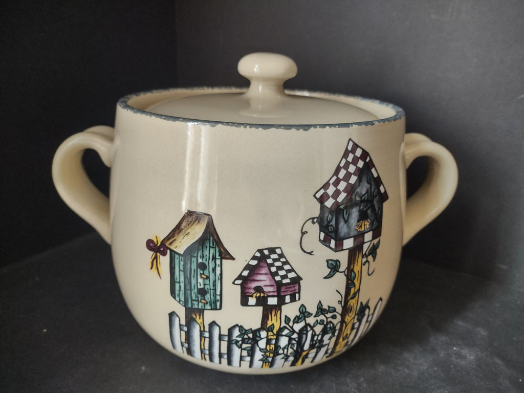 Home and Garden Party Stoneware Birdhouse Bean Pot Cookie Jar Handles (lot 2934c)