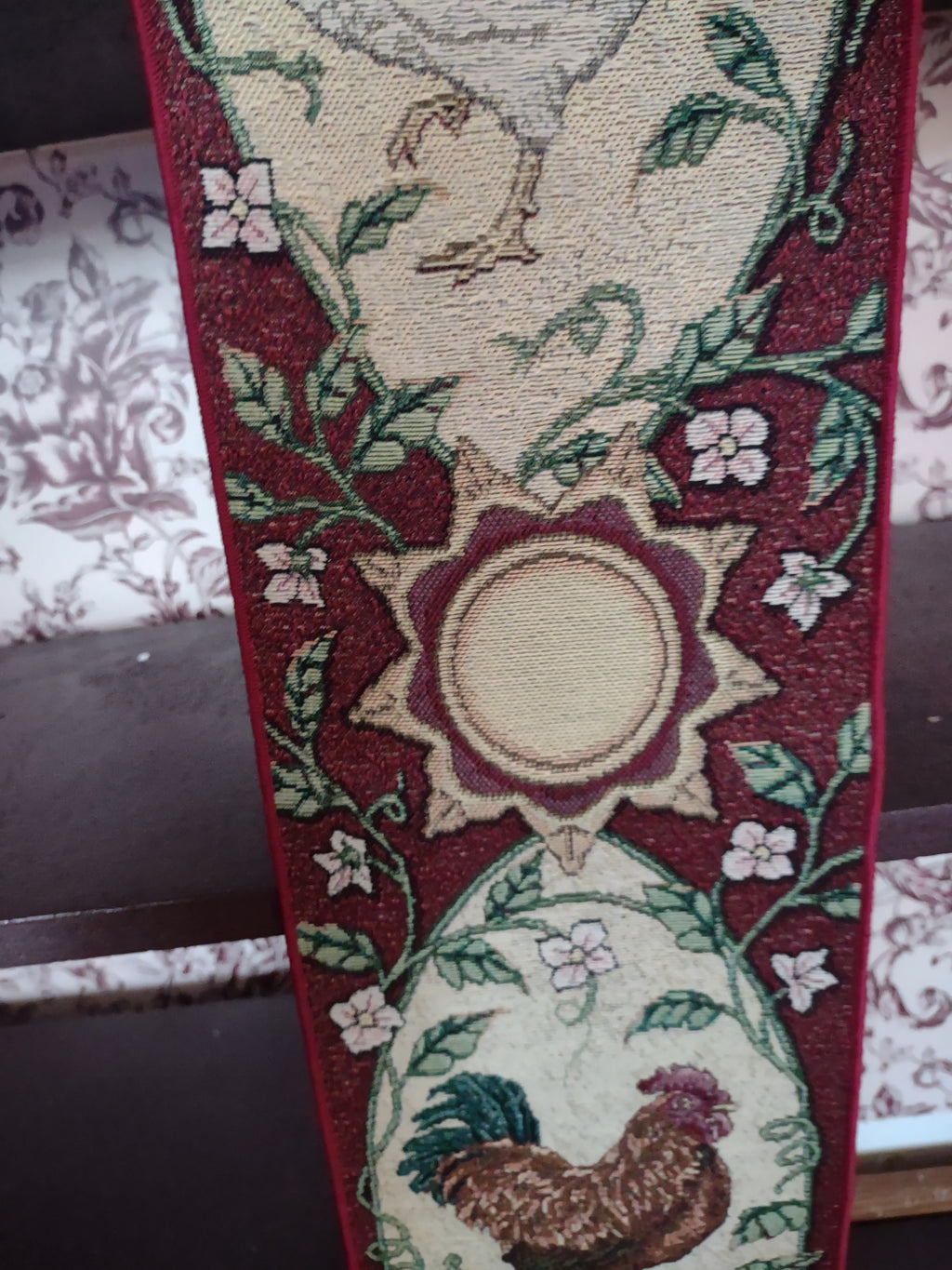Vintage Rooster Tapestry Fabric Wall Hanging 40" Red Maroon Made USA (lot 3242)