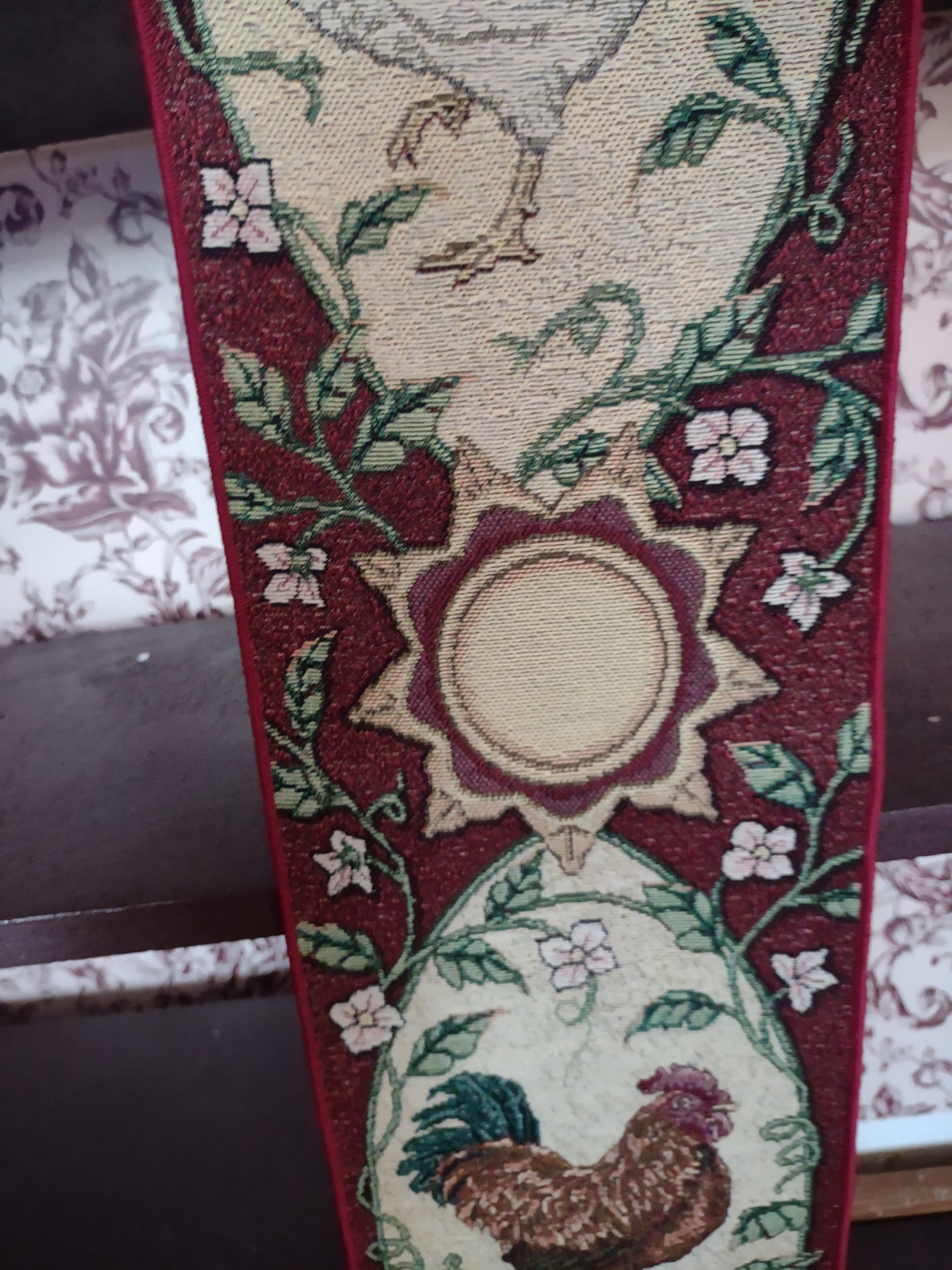 Vintage Rooster Tapestry Fabric Wall Hanging 40" Red Maroon Made USA (lot 3242)