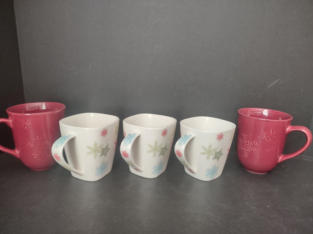 Christmas Snowflake Star Mugs 3 x Starbucks 2 Red Maroon Coffee Cup (lot 1216)