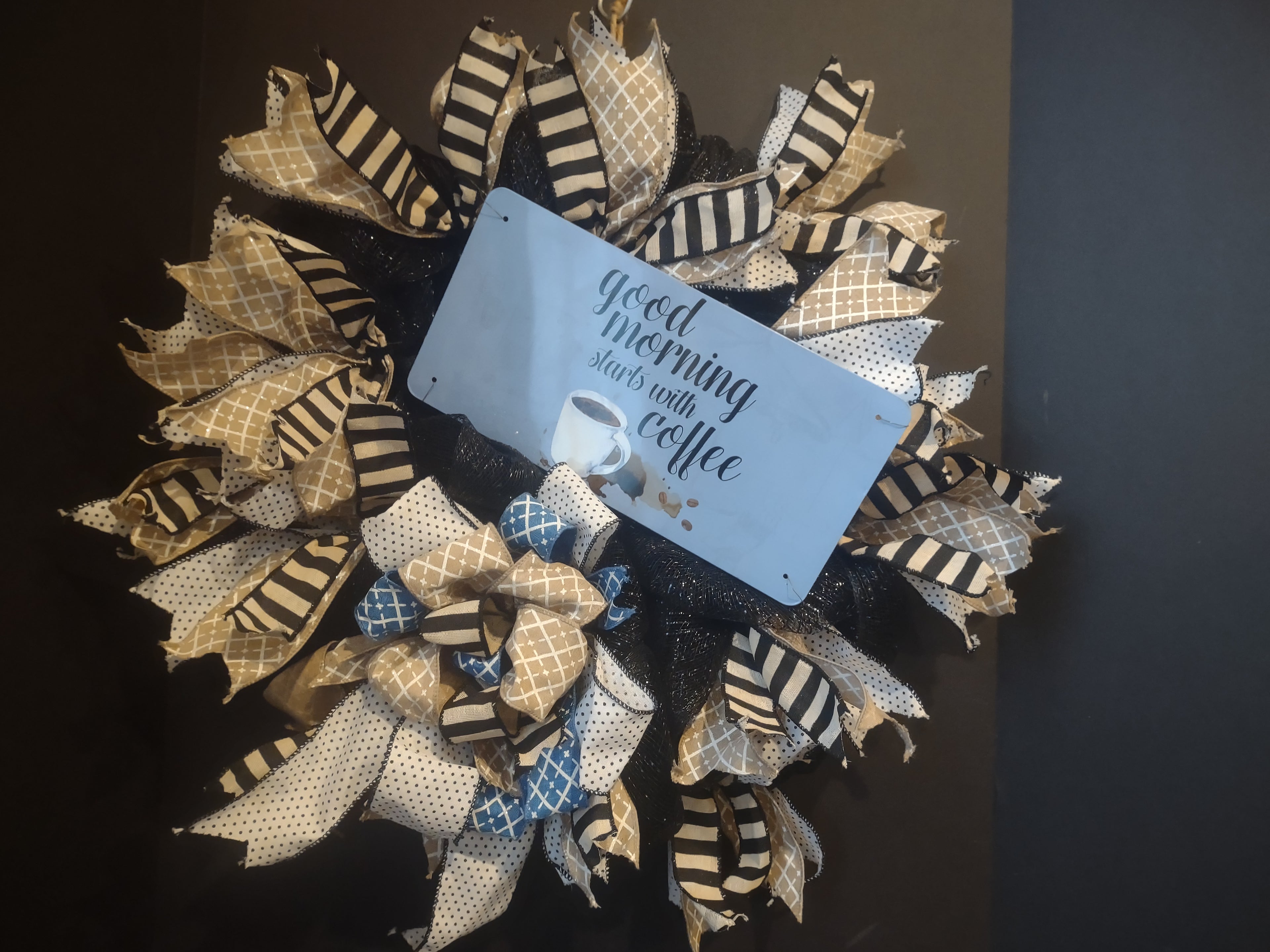 Good Morning Starts with Coffee Wreath Ribbon Mesh Decor Handmade (lot 1408)