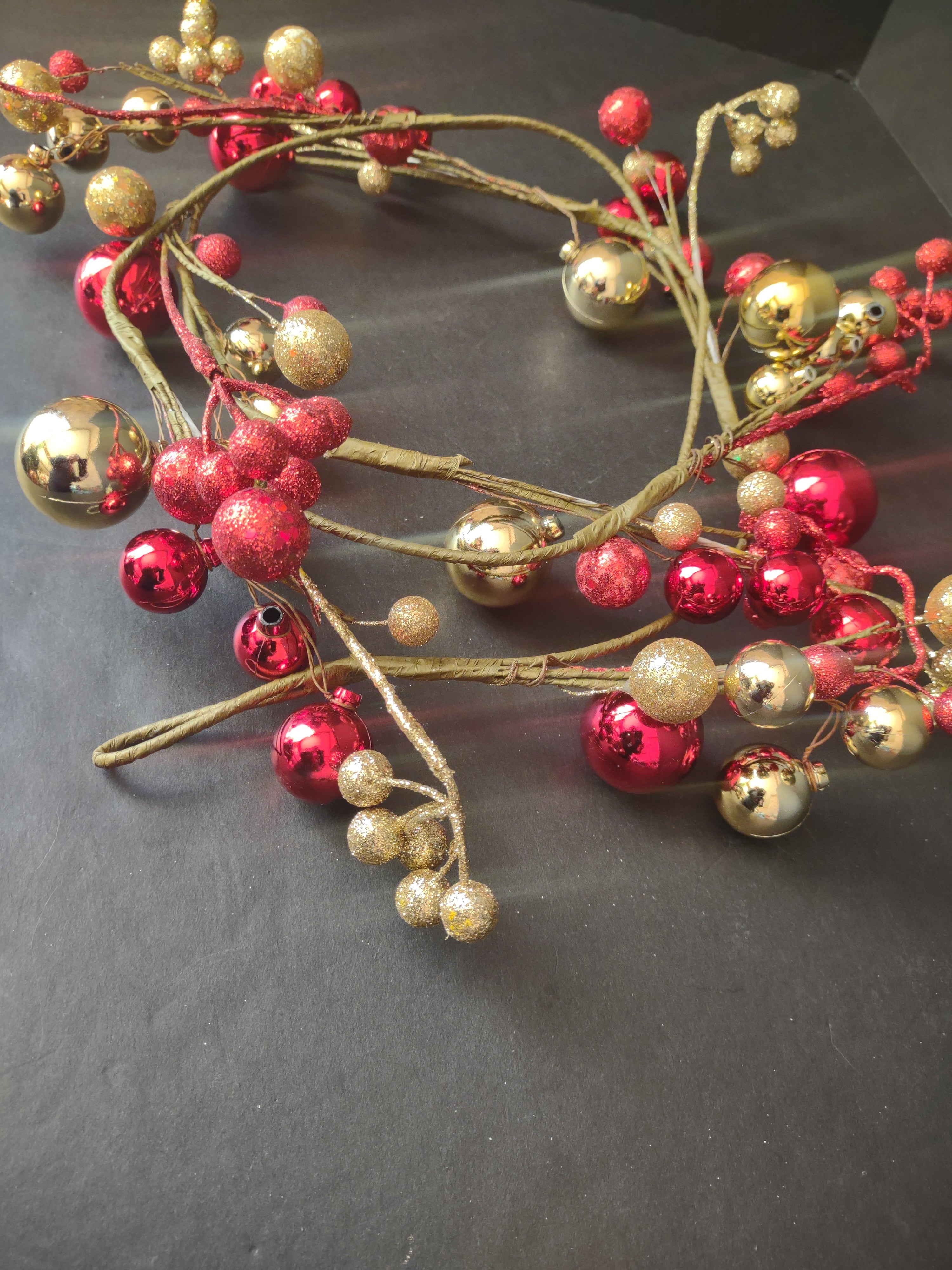 Set 3 Twig Garland 5-1/2 ft Round Ornament Gold Red Green (lot 1268)