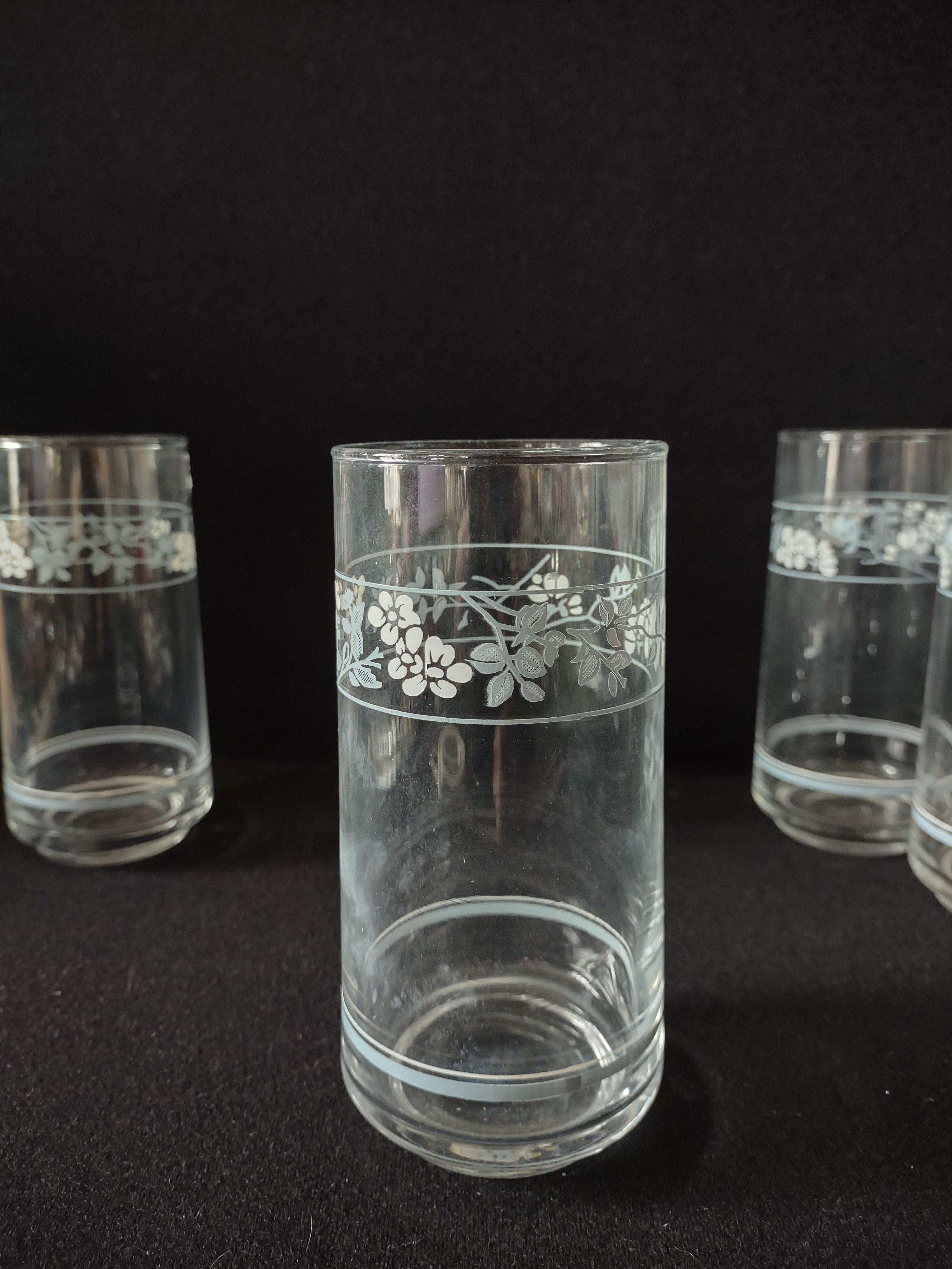 Vintage Libbey Crisa Drinking Glass Tumbler x 4 Pastel Floral (lot 5234)