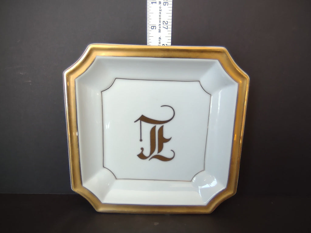 White Gold Trim Vintage Ashtray 8-1/4" x 8-1/4" Monogrammed L (lot 330)