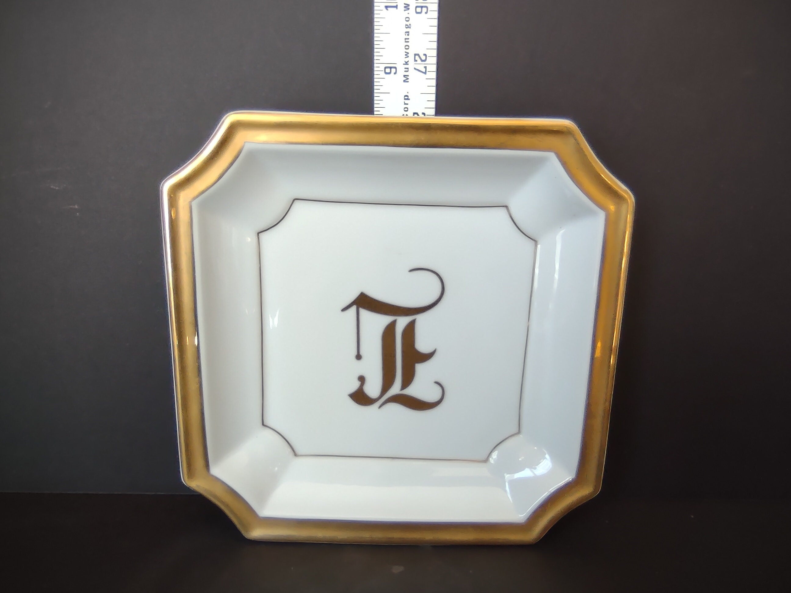 White Gold Trim Vintage Ashtray 8-1/4" x 8-1/4" Monogrammed L (lot 330)