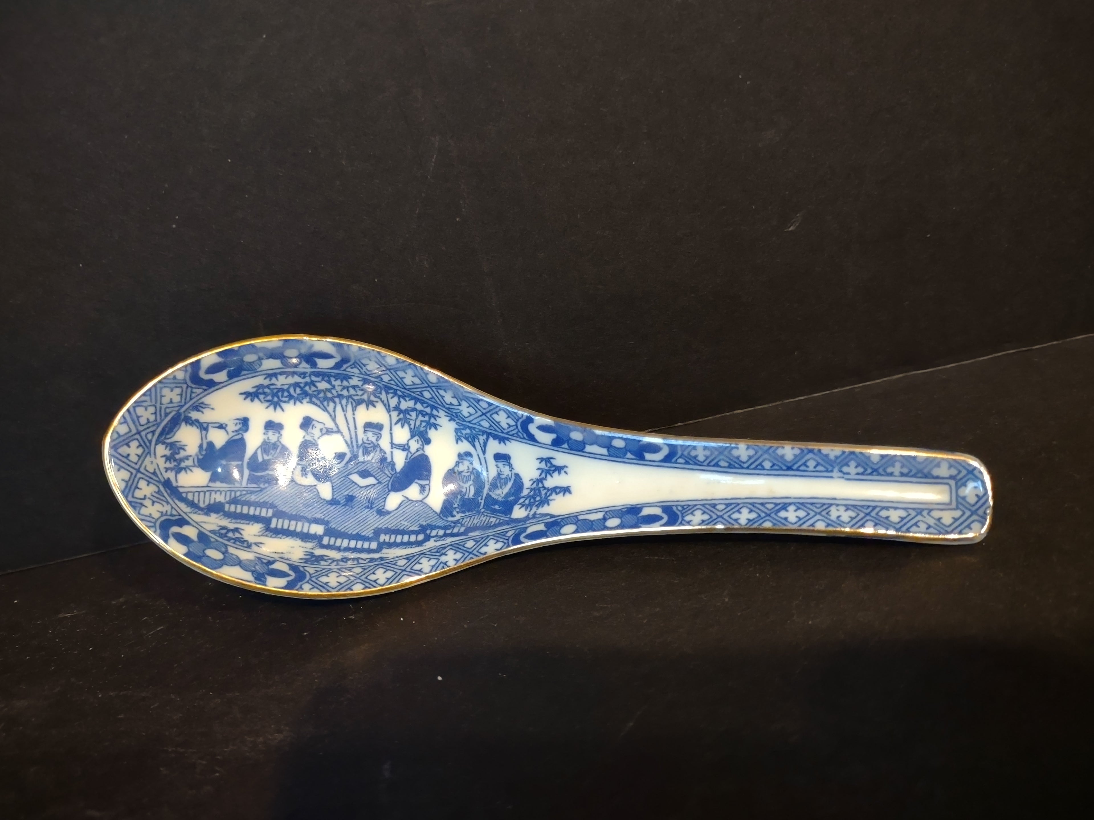 Vintage Small Spoon White Blue Gold Trim (lot 5360)