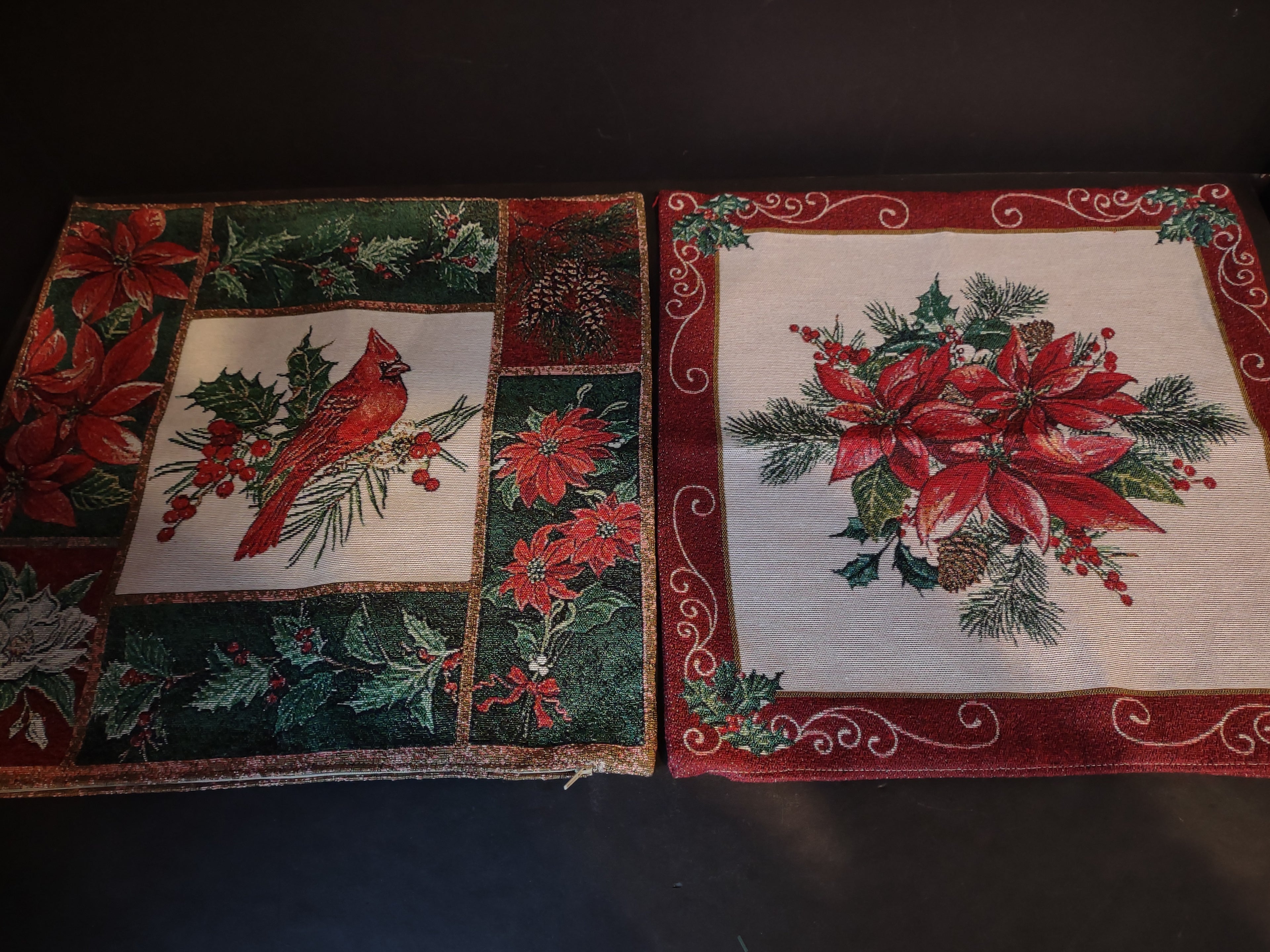 Tapestry 17" Zipper Christmas Pillow Cover set of 2 Cardinal Poinsettia (Lot4815