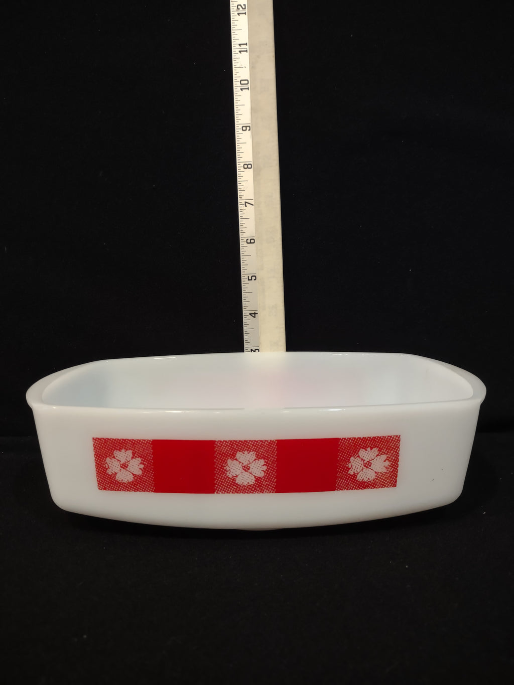 Vintage Federal Glass Red Gingham Milk Glass Loaf Pan NO Lid (Lot 3105)