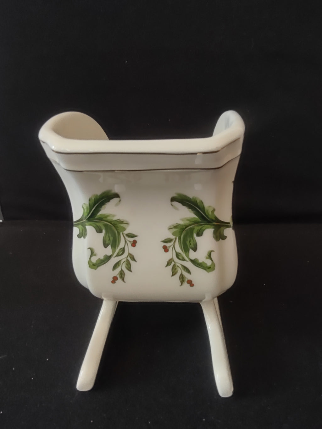 Vintage Christmas Porcelain FTD Sleigh Planter Holly Gold Trim (Lot 3797)