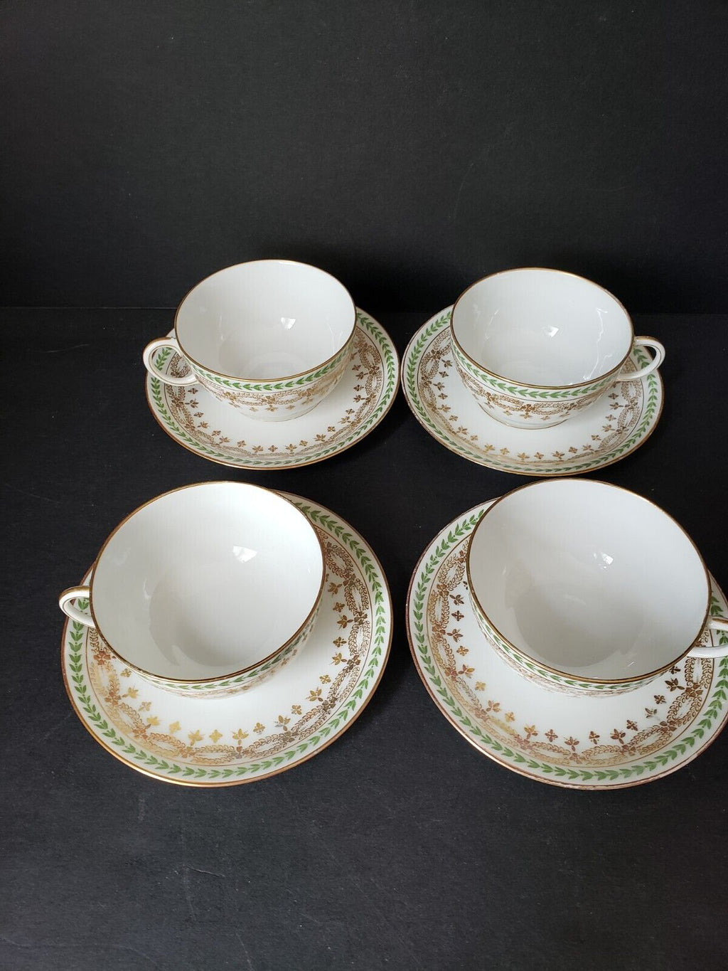 JP Limoges France Gold Trim Green Laurel 4 x Teacup & Saucer (583)