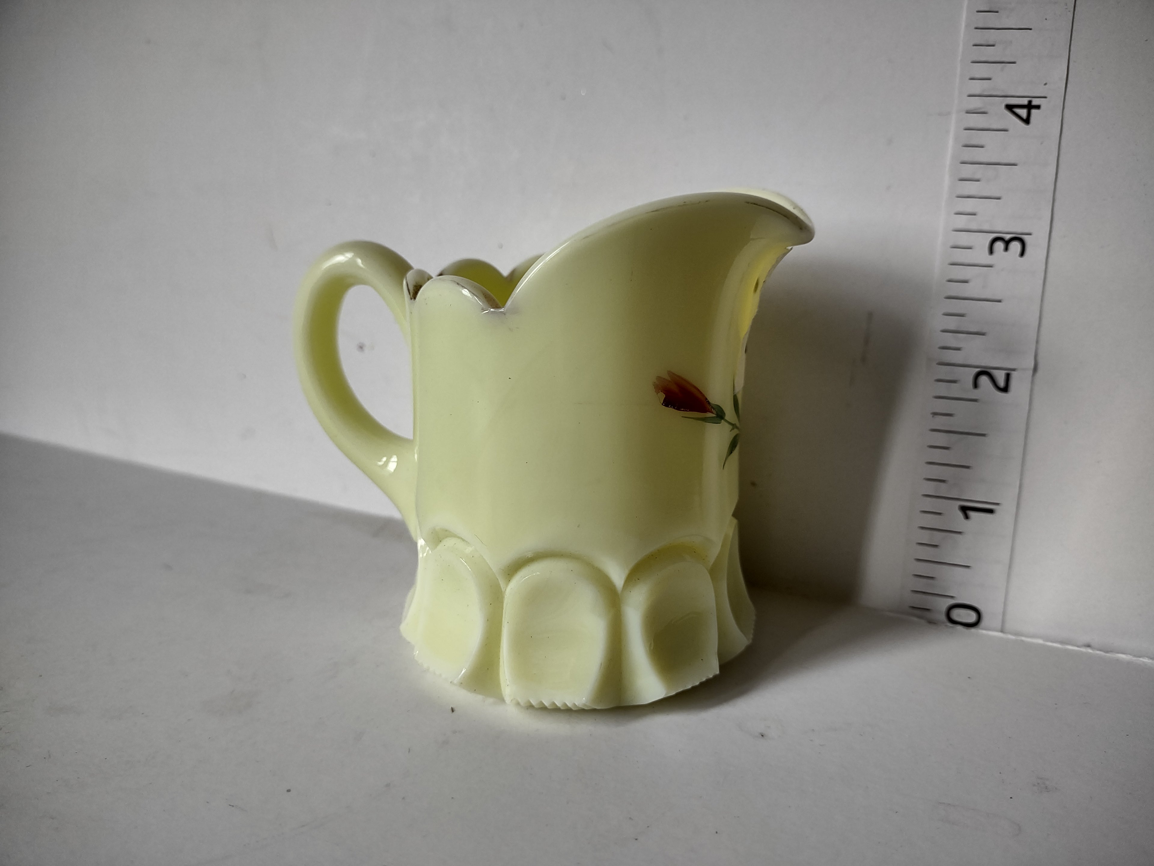 Vaseline Glow Satin Milk Glass Light Up Mini Pitcher 3" (lot 2777)