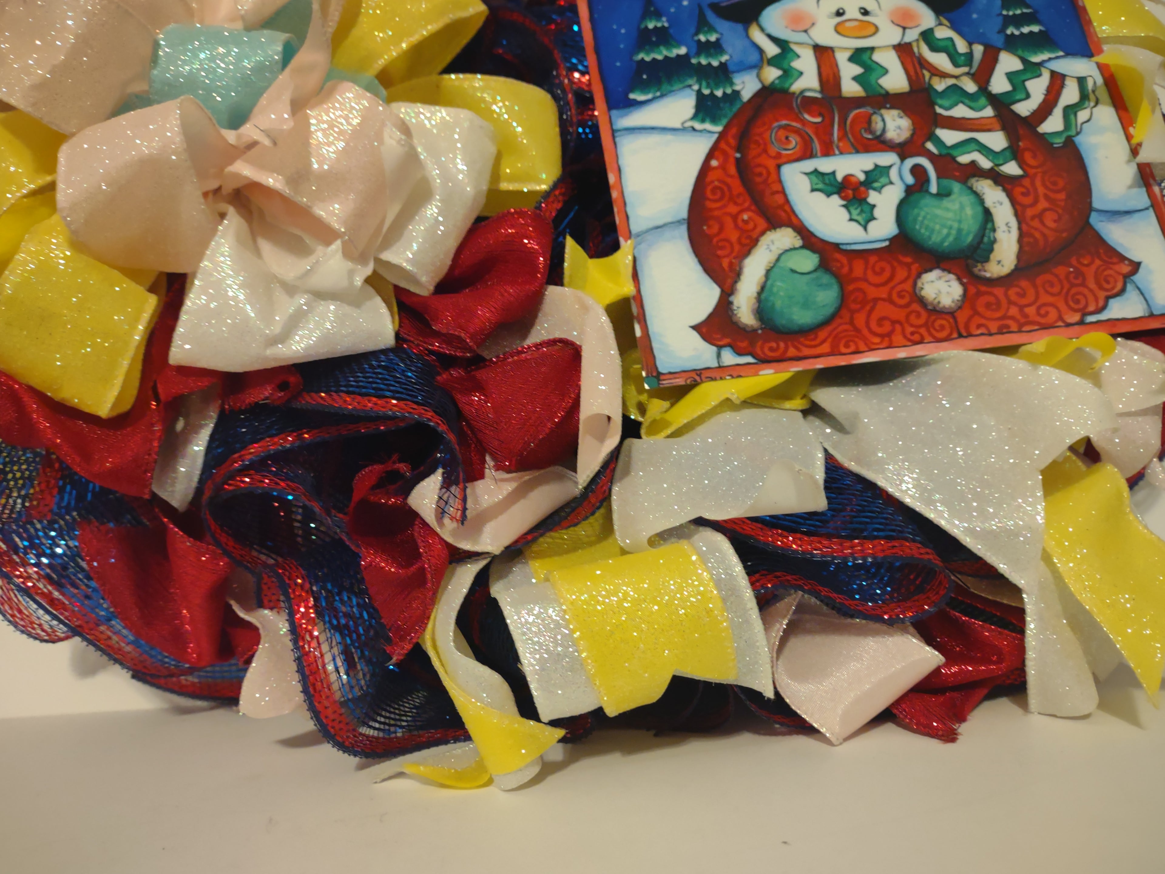 Handmade Christmas Wreath Red Blue White Sparkly Ribbon Snowman 20" (lot 1292)