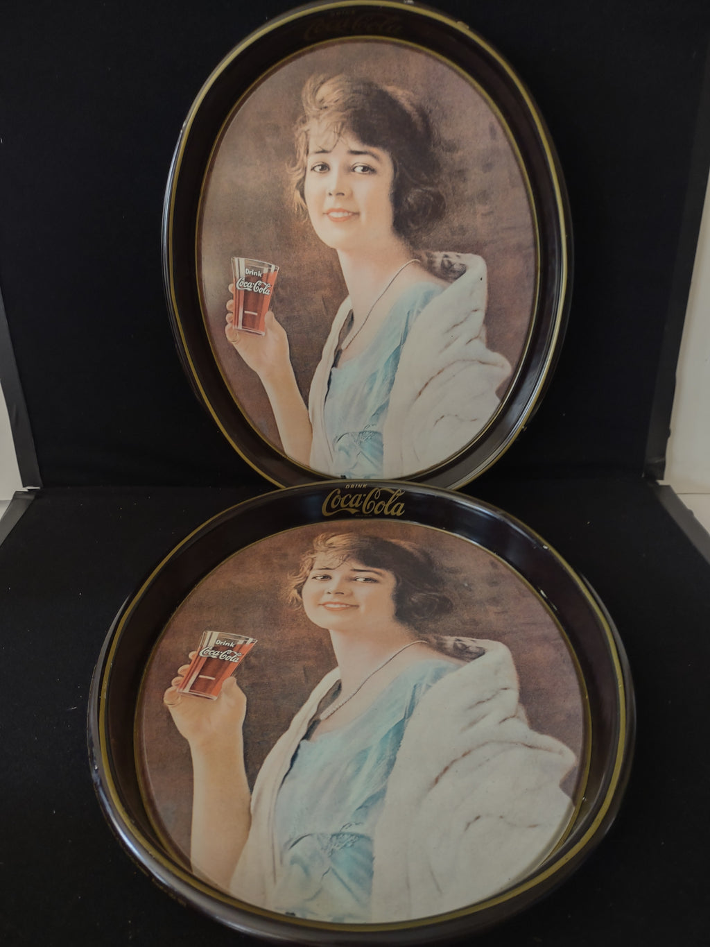 Vintage Coca Cola Tray x 2 Metal Oval Advertisement Woman (Lot 3789)