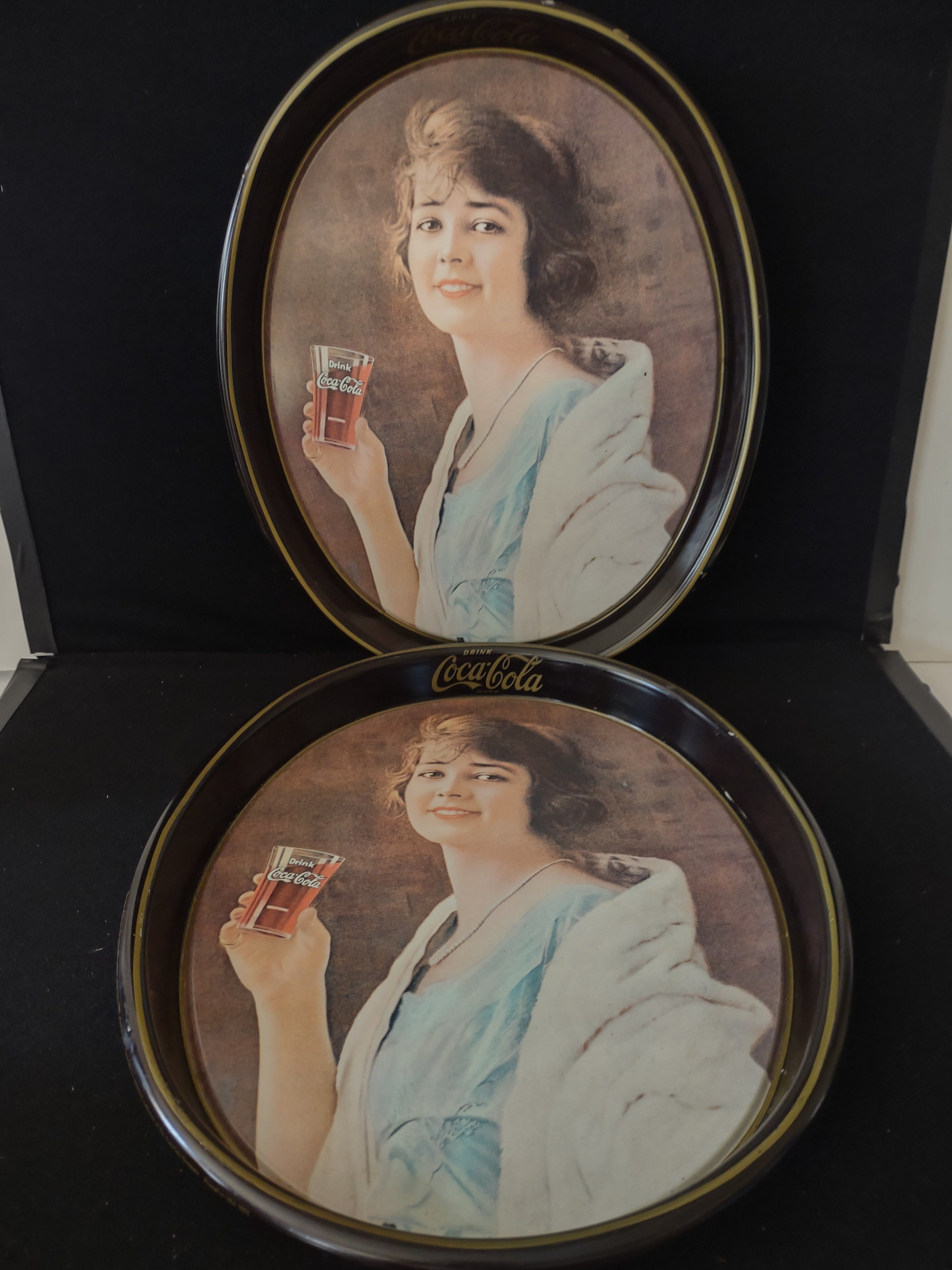 Vintage Coca Cola Tray x 2 Metal Oval Advertisement Woman (Lot 3789)