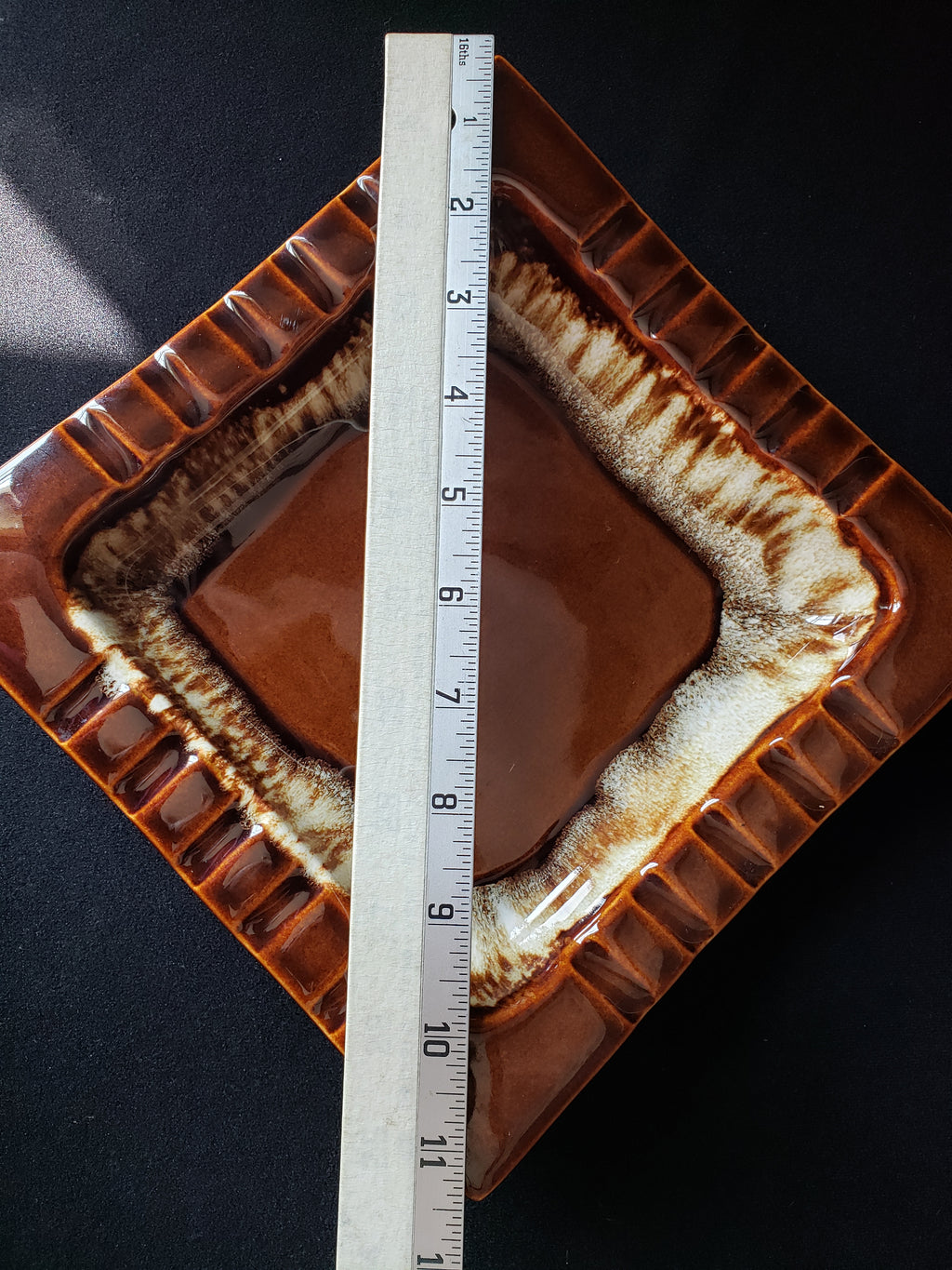 Pfaltzgraff USA Brown Drip Glaze Vintage Cigar Ashtray 8" Square (lot 2147d)