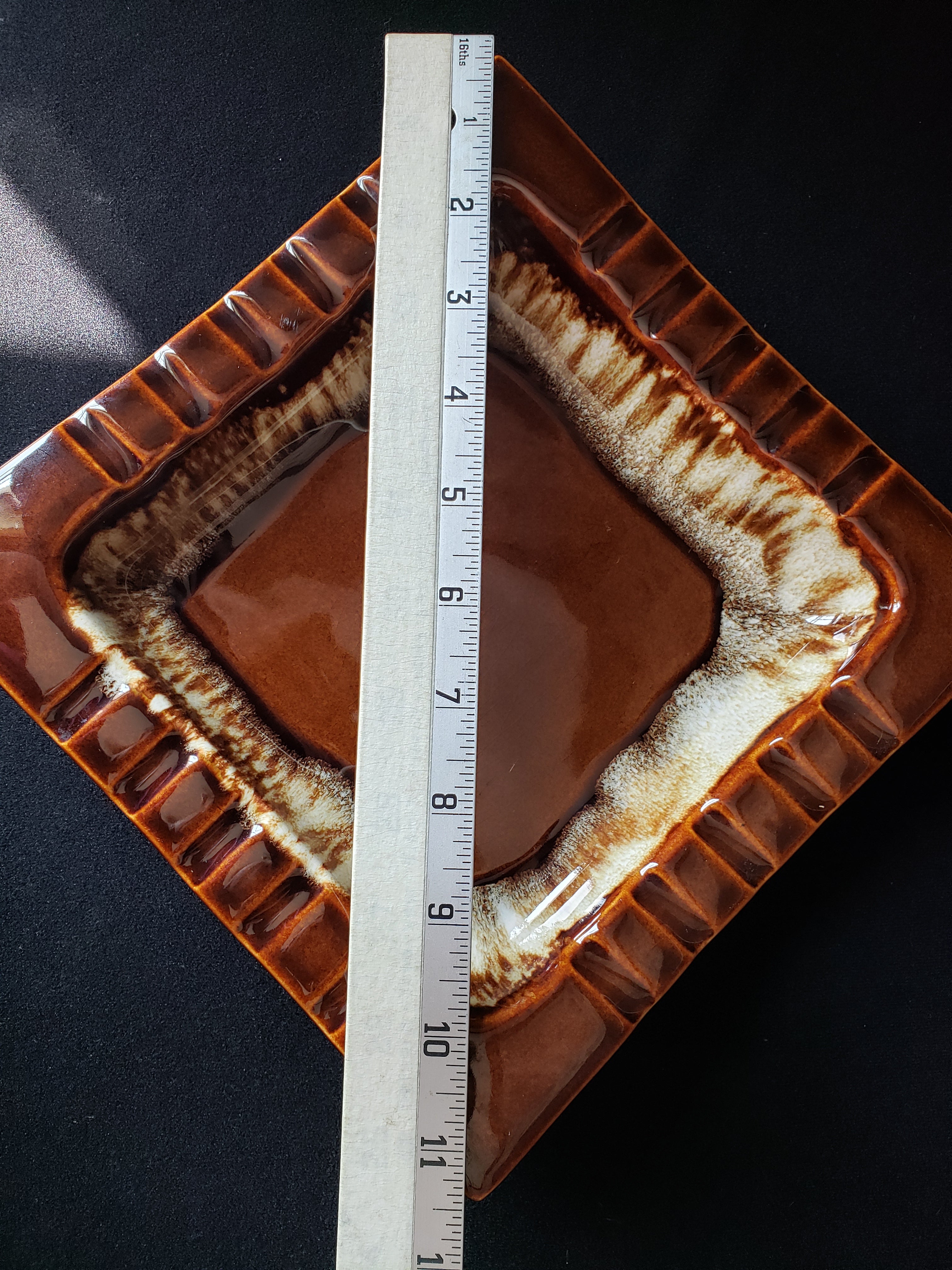 Pfaltzgraff USA Brown Drip Glaze Vintage Cigar Ashtray 8" Square (lot 2147d)