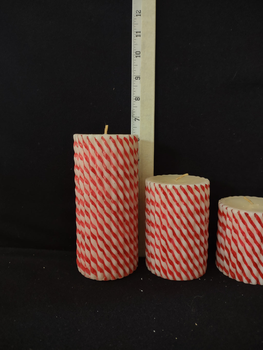Christmas Holiday 3 Red White Striped Pillar Candles 6" 4" 3" (Lot 3925)