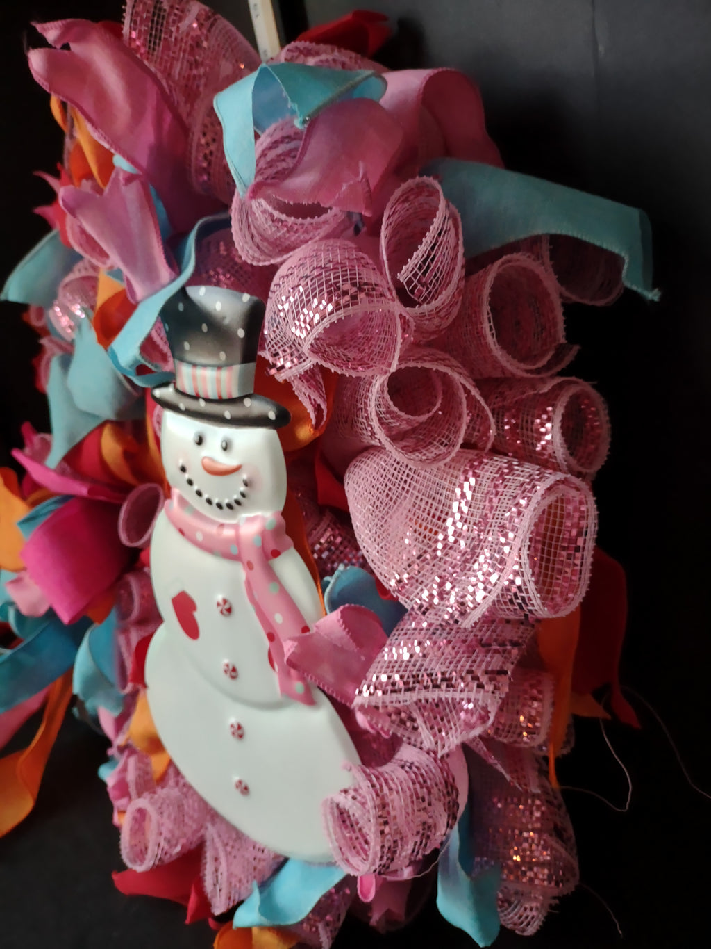 Handmade Christmas Wreath 24" Pink Orange Blue Ribbon Sparkly Snowman (lot 1291)