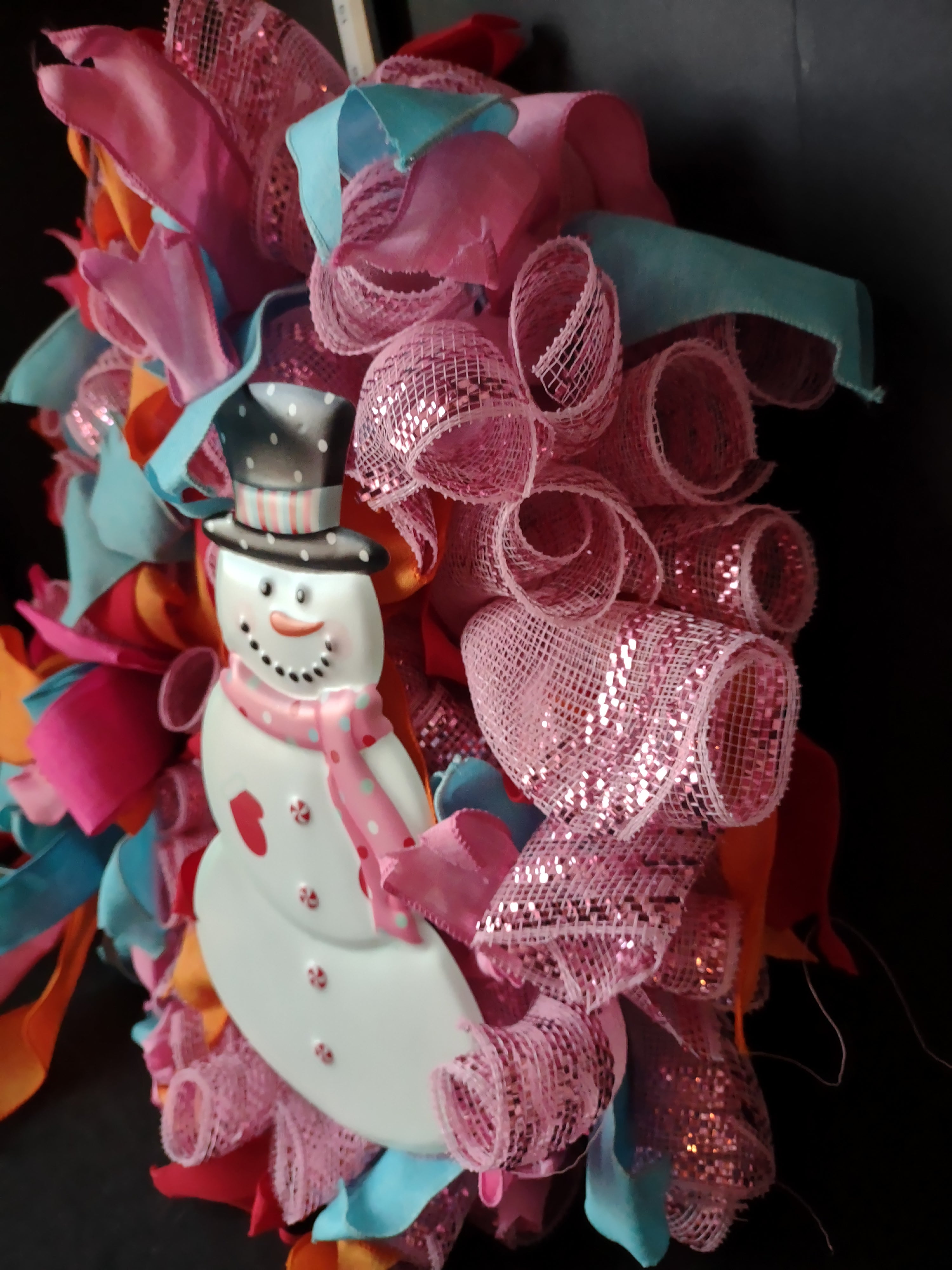 Handmade Christmas Wreath 24" Pink Orange Blue Ribbon Sparkly Snowman (lot 1291)
