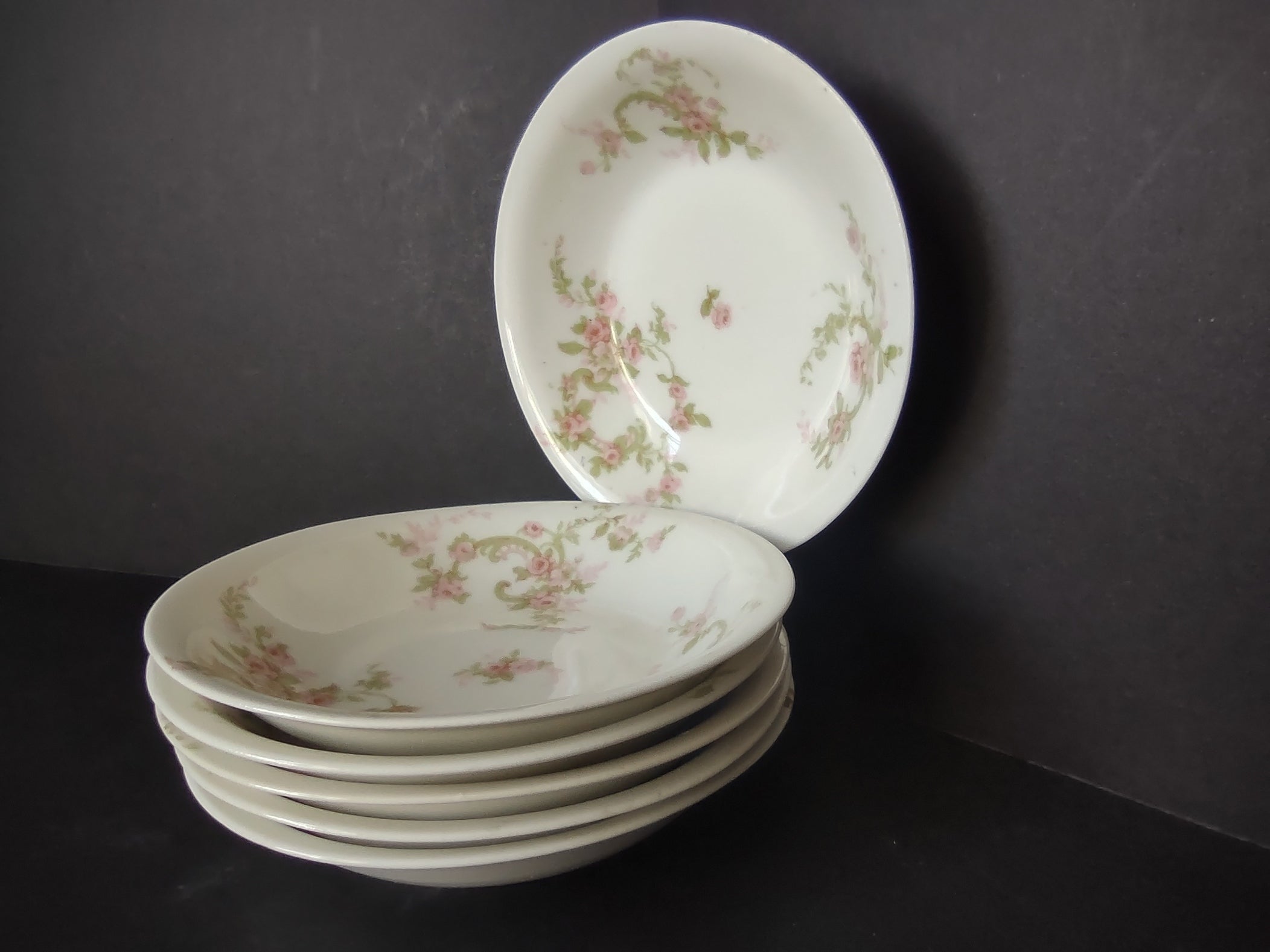 Haviland Limoges 6 x Small Bowl 5" Cranberry Pink Rose Green Ribbon (lot 892)
