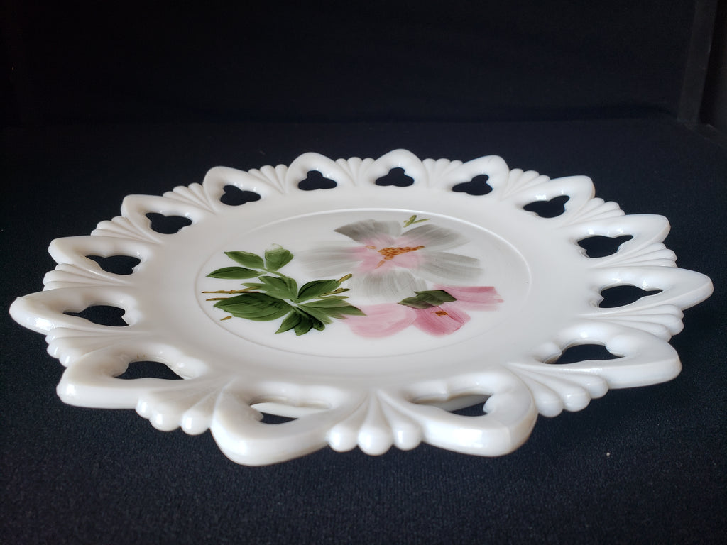 Vintage Kemple Pink Flower Motif Milk Glass Wall Plate (lot 2191)