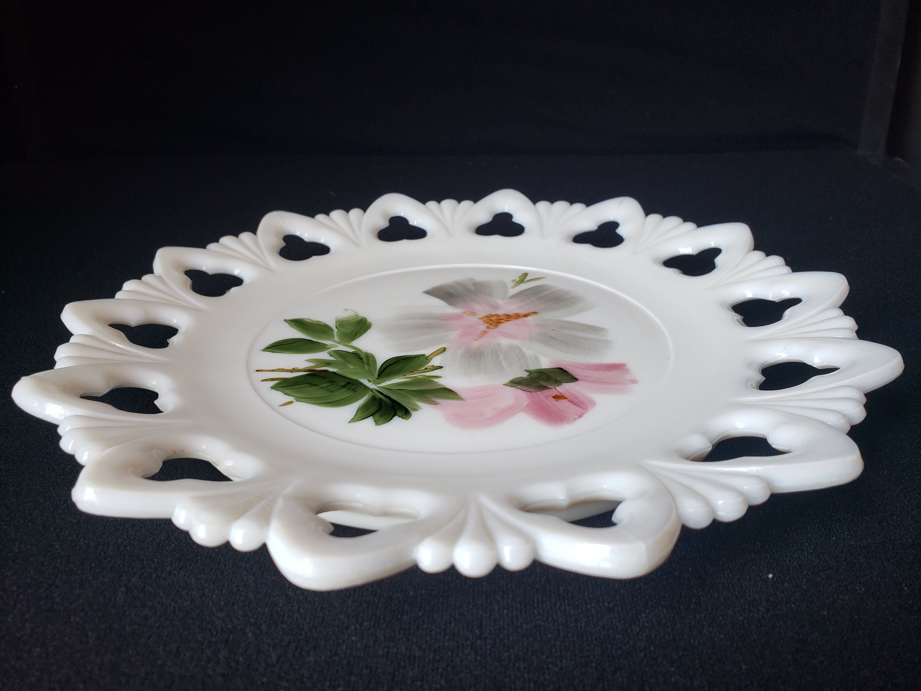 Vintage Kemple Pink Flower Motif Milk Glass Wall Plate (lot 2191)