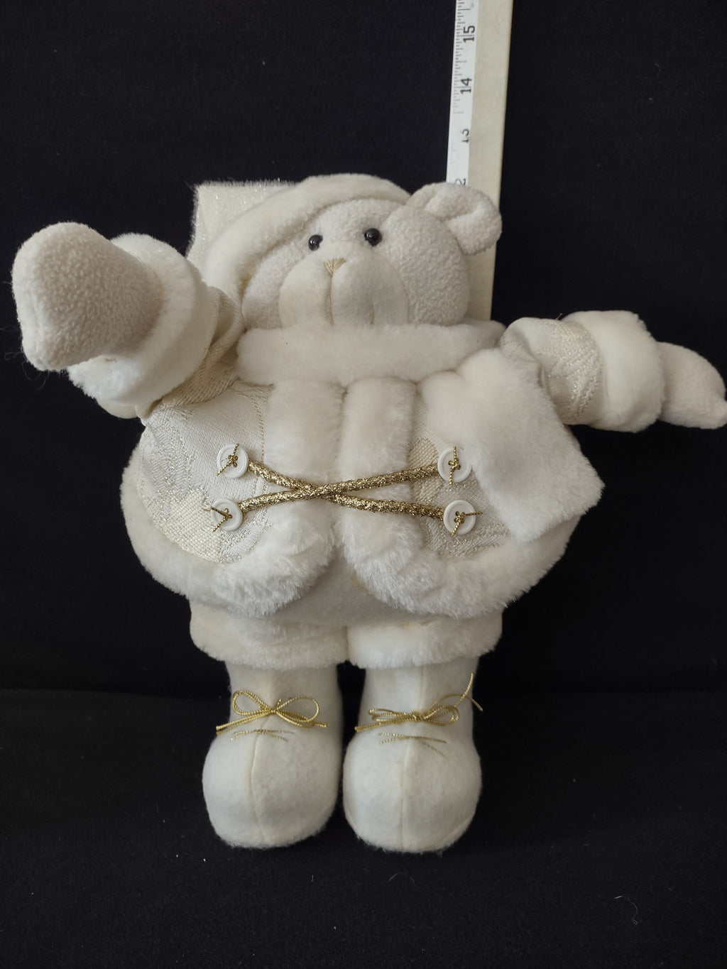 Christmas White Plush Santa Bear Hat Boots Weighted Gold Trim (Lot 4045)