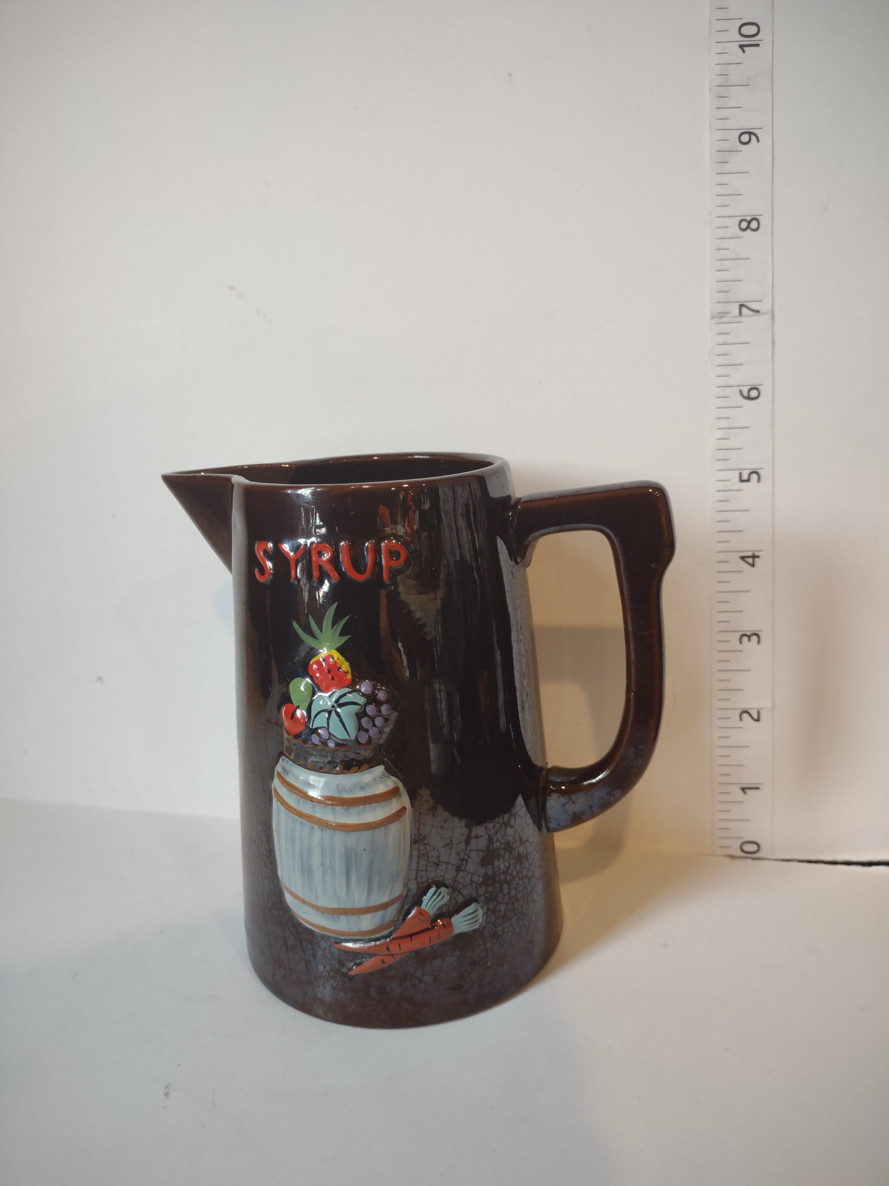 Vintage Redware Syrup Pitcher x 2 Rooster Vegetables (lot 2994c)