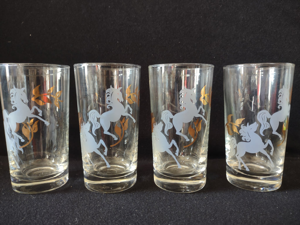 Vintage MCM Libbey Prancing Colt Horses Glass Tumblers x 4 (lot 5164)