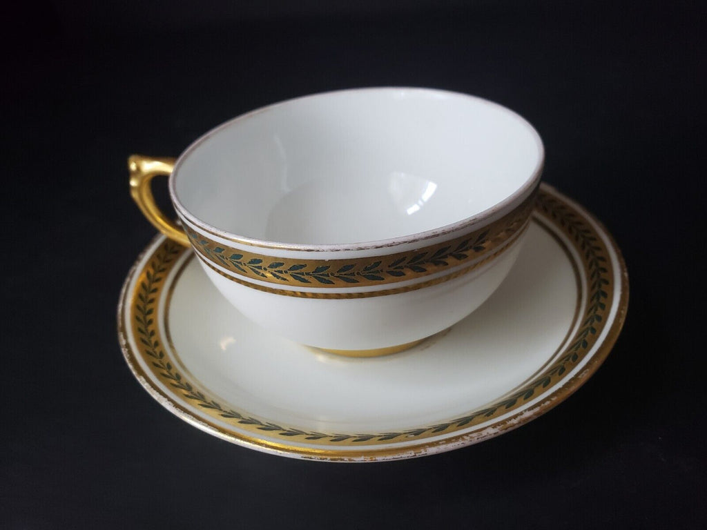 JP Limoges France Gold Trim Green Laurel Teacup & Saucer (lot 600)