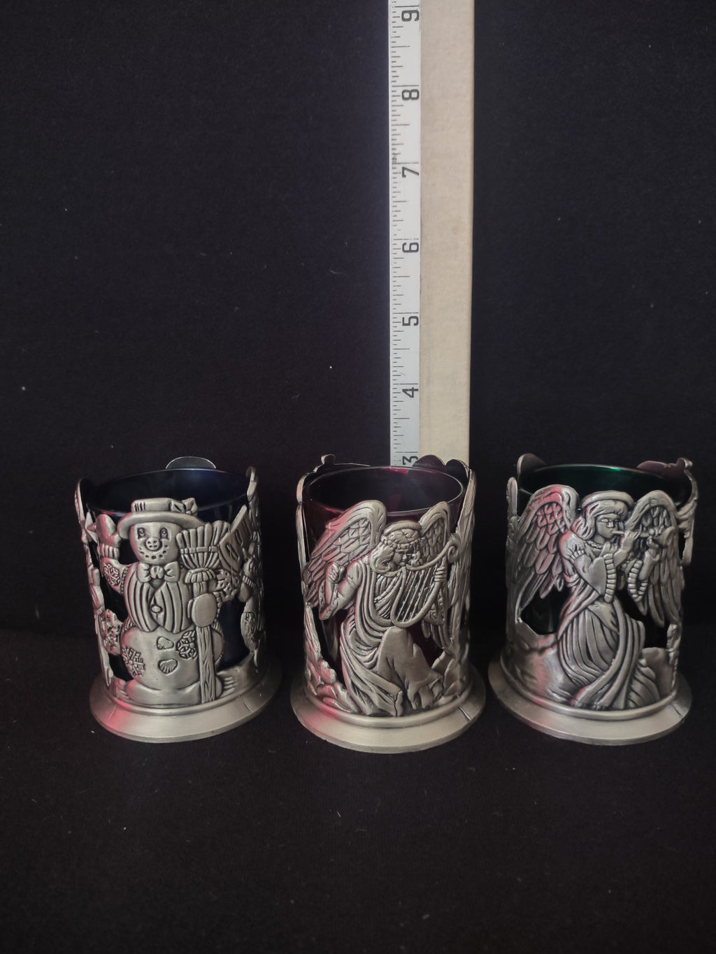 Christmas Holiday Pewter Tea Light Holder 2 Angel 1 Snowman (Lot 4565)